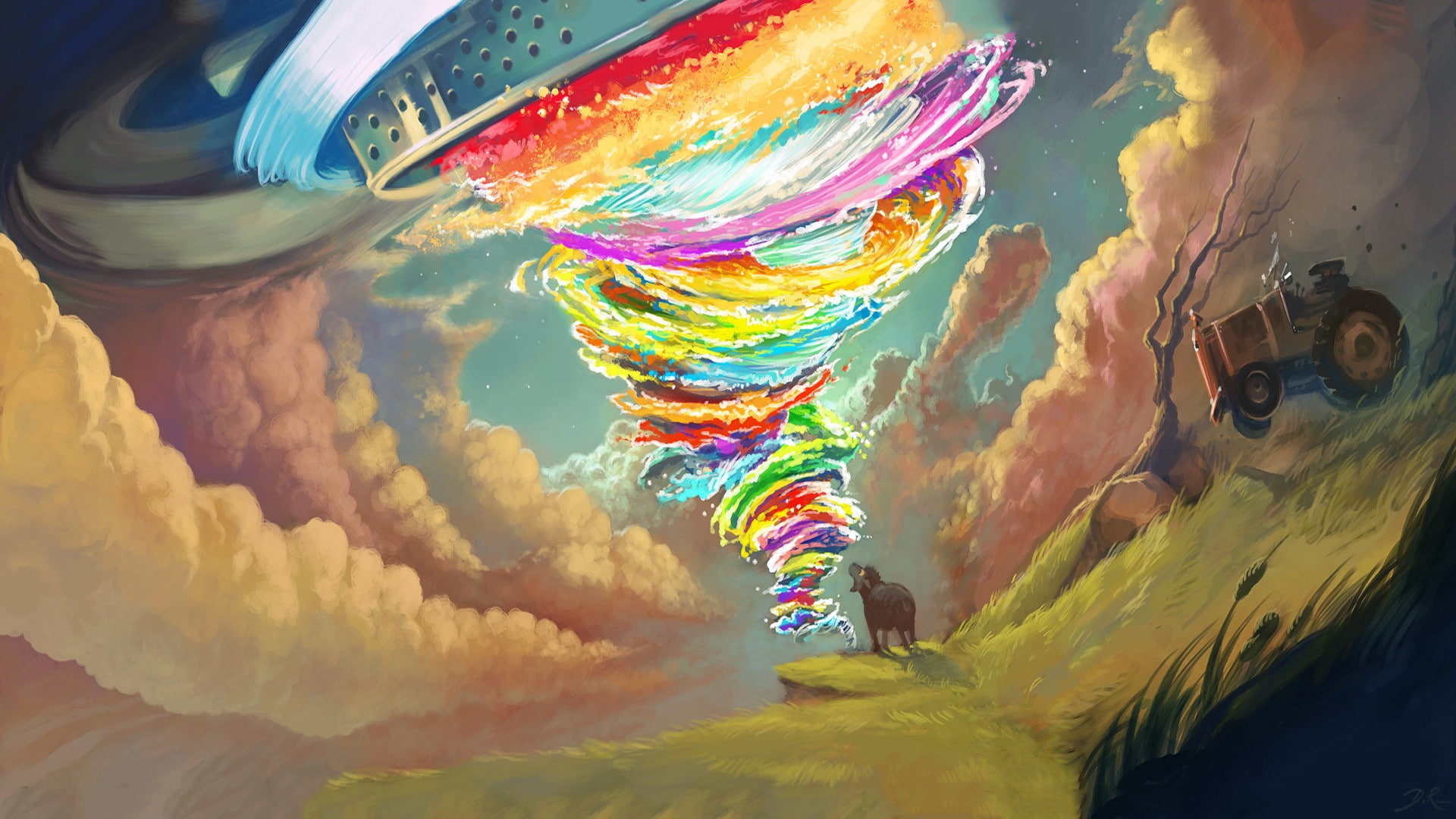 1080P, colorful, cosmos laundromat, artwork, psychedelic, tornado, tractors, HD Wallpaper