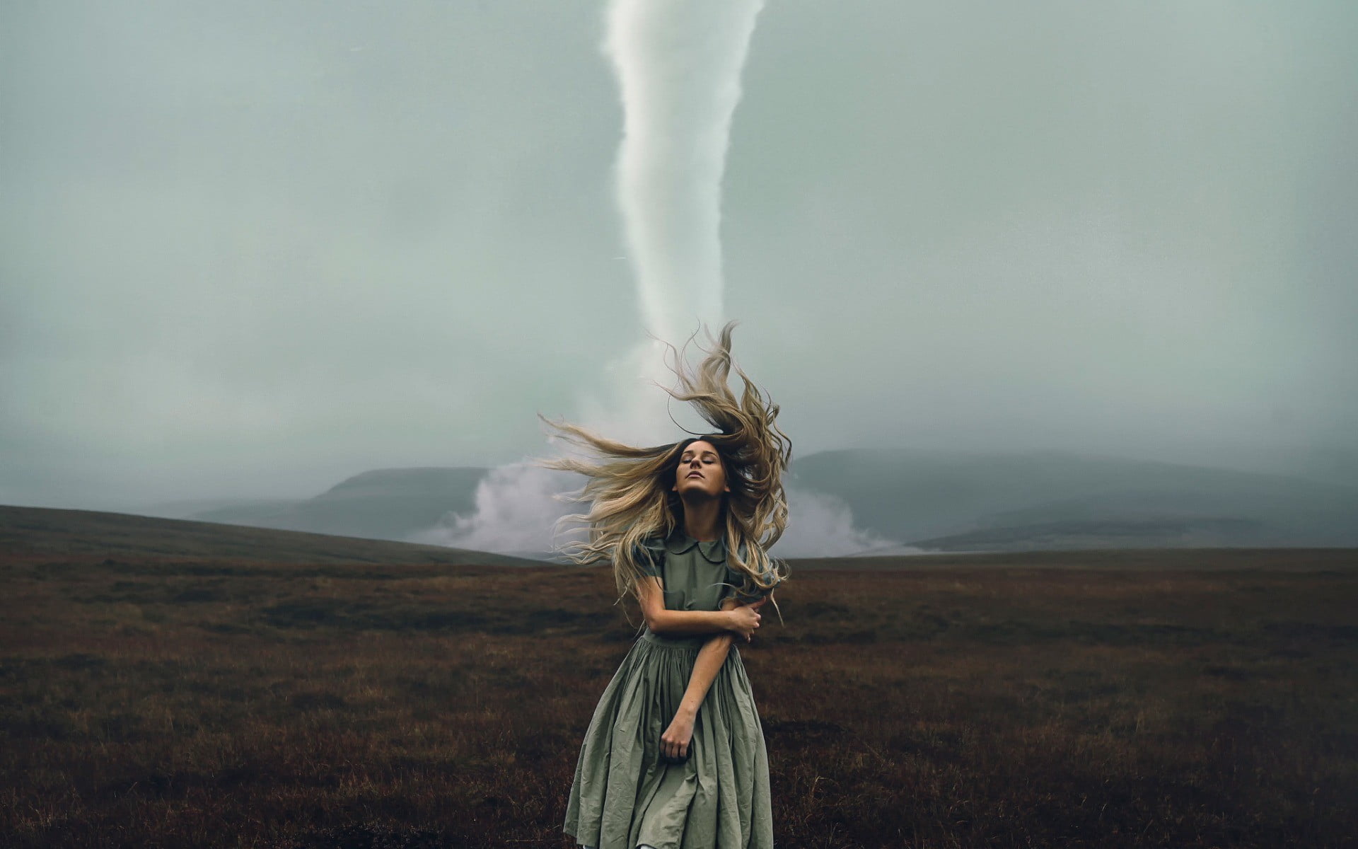 sky, tousled hair, tornado, environment, landscape, hair, adult, field, leisure activity, 1080P, cloud - sky, land, lifestyles, wind, hairstyle, long hair, HD Wallpaper