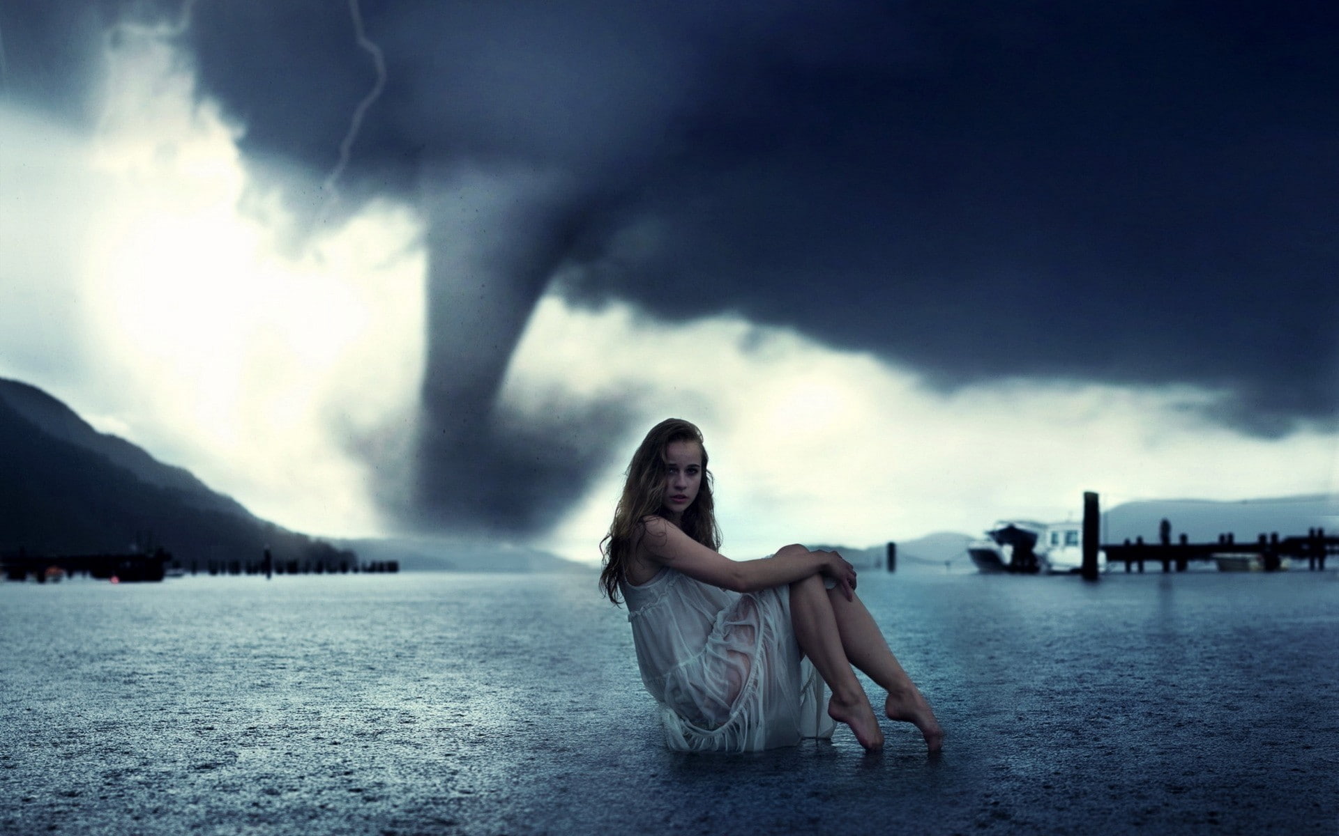 hairstyle, full length, digital composite, 1080P, young adult, lifestyles, fashion, tornado, water, cloud - sky, beauty in nature, looking at camera, adult, HD Wallpaper