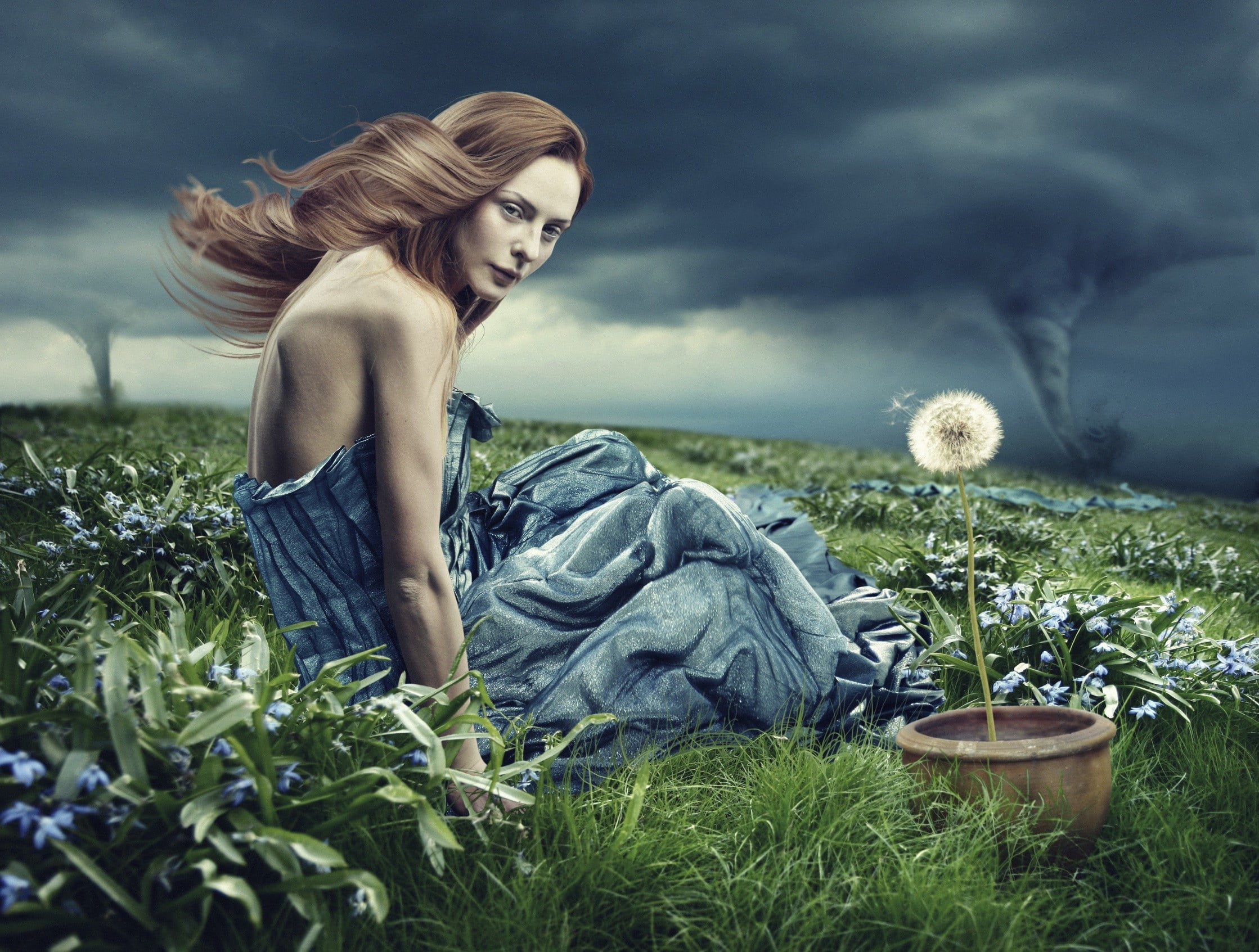 blond hair, tornado, model, land, nature, beautiful people, young adult, sky, plant, beautiful woman, hair, contemplation, adult, environment, clothing, HD Wallpaper