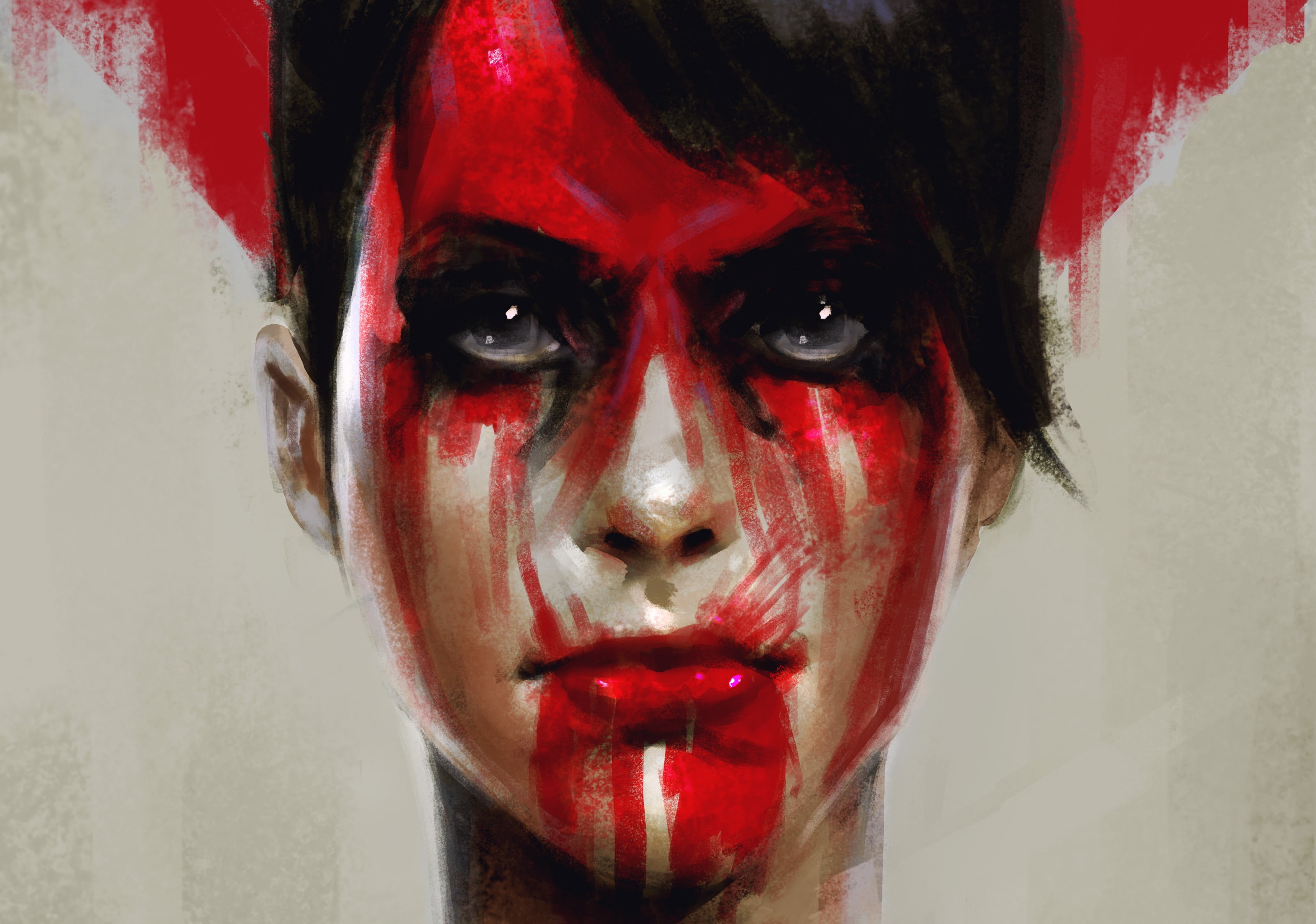lipstick, indoors, fear, celebration, The Phantom Pain, art, close-up, headshot, face, red, halloween, human body part, spooky, human face, paint, young adult, HD Wallpaper