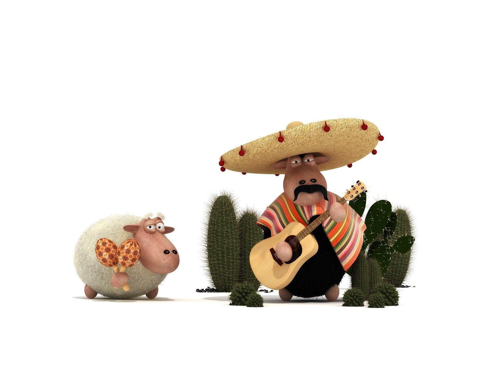 sombrero, sheep, funny, mexican, cactus, guitar, maracas, animals, 720P, HD Wallpaper