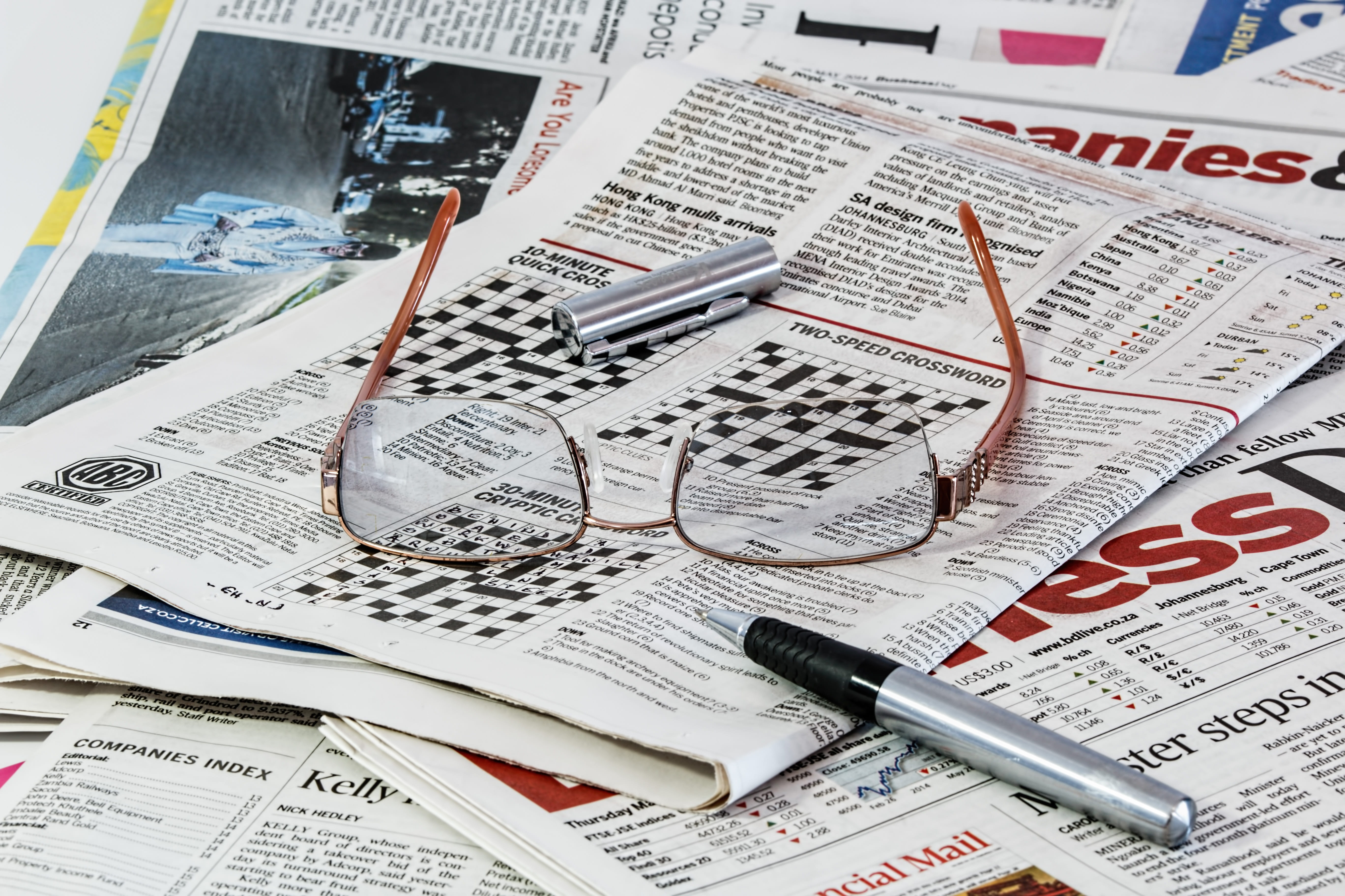 read, pen, no people, sudoku, currency, print, reading, media, press, news, glasses, information medium, document, 5K, newspaper, business, pages, close-up, HD Wallpaper