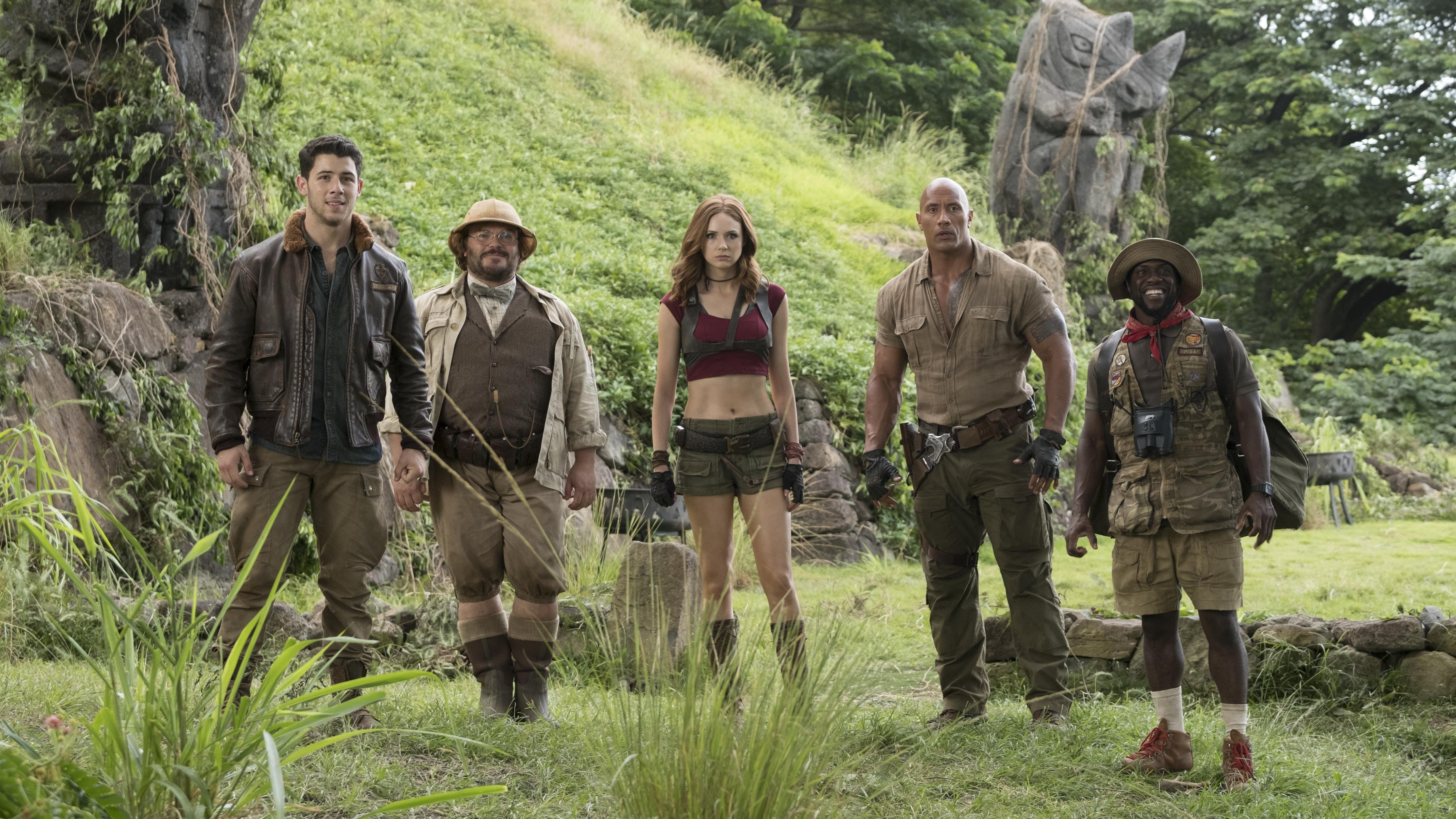 5K, 5k, movie, Kevin Hart, jumanji, Jack Black, Jumanji: Welcome to the Jungle, Dwayne Johnson, Karen Gillan, scene, HD Wallpaper