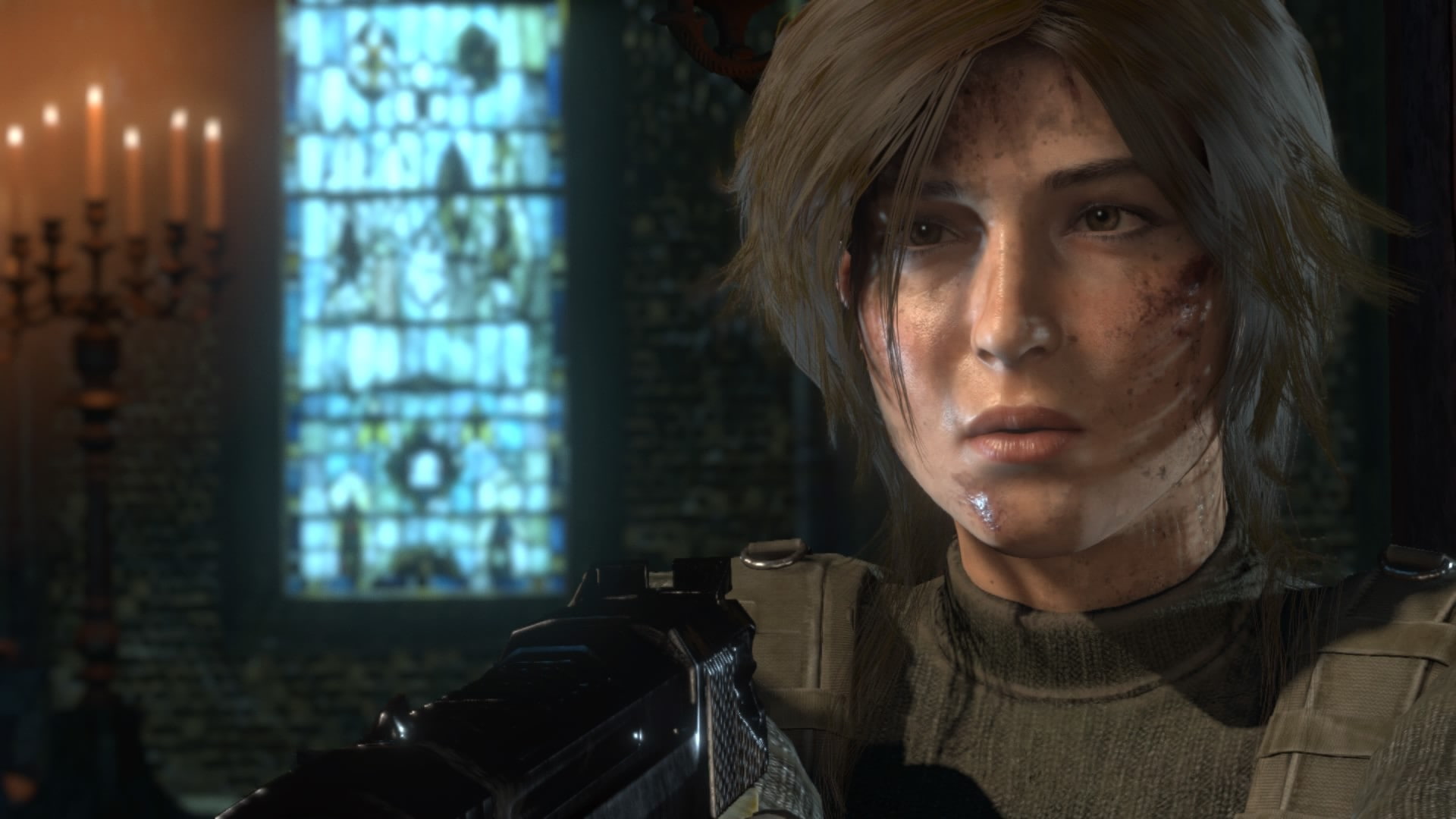 headshot, 1080P, looking, adult, clothing, real people, focus on foreground, front view, indoors, Lara Croft, looking at camera, contemplation, lifestyles, HD Wallpaper