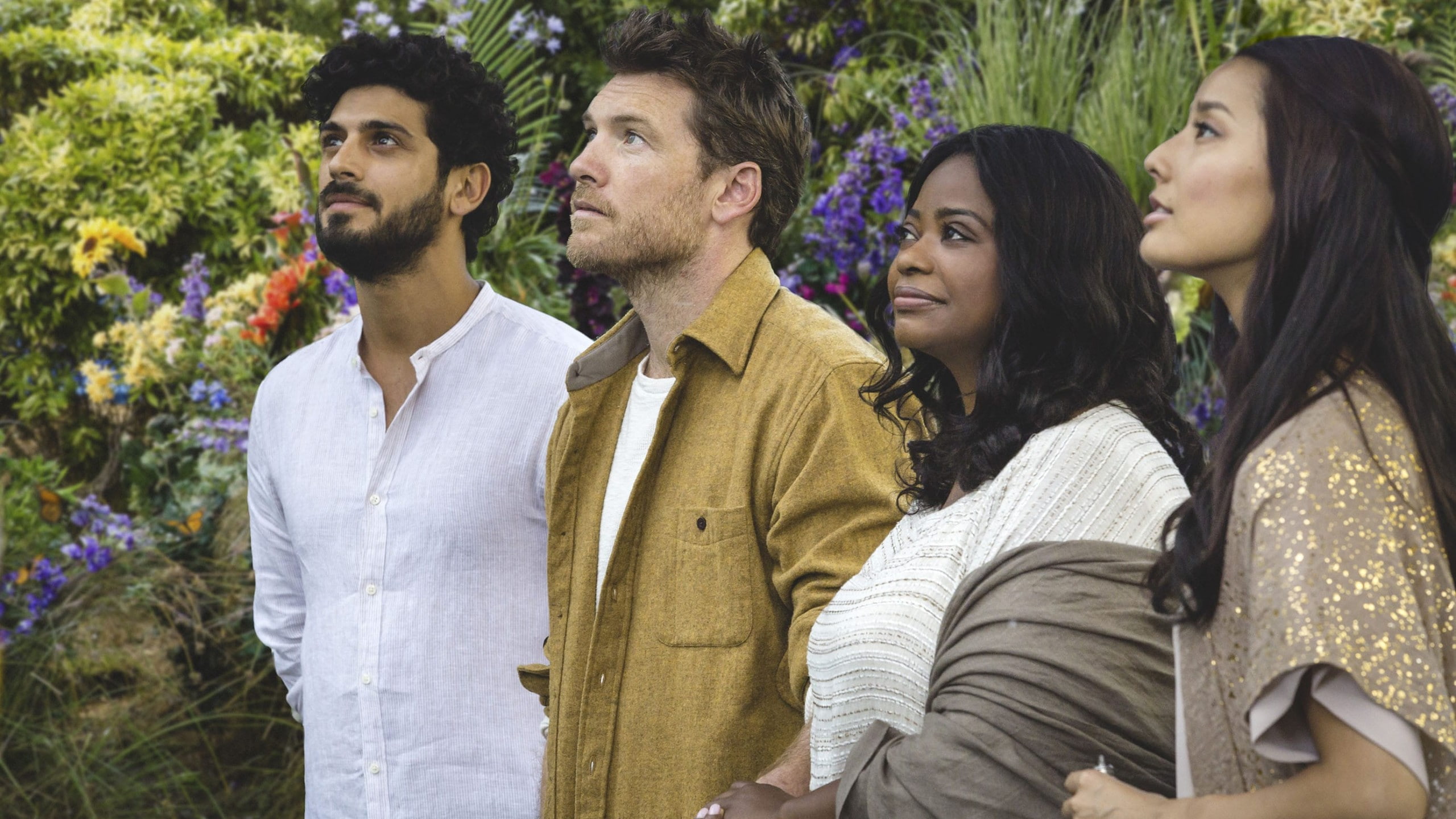 best movies, two, women, men, flowers, Sam Worthington, The Shack, Octavia Spencer, surrounded, 2K, looking, HD Wallpaper