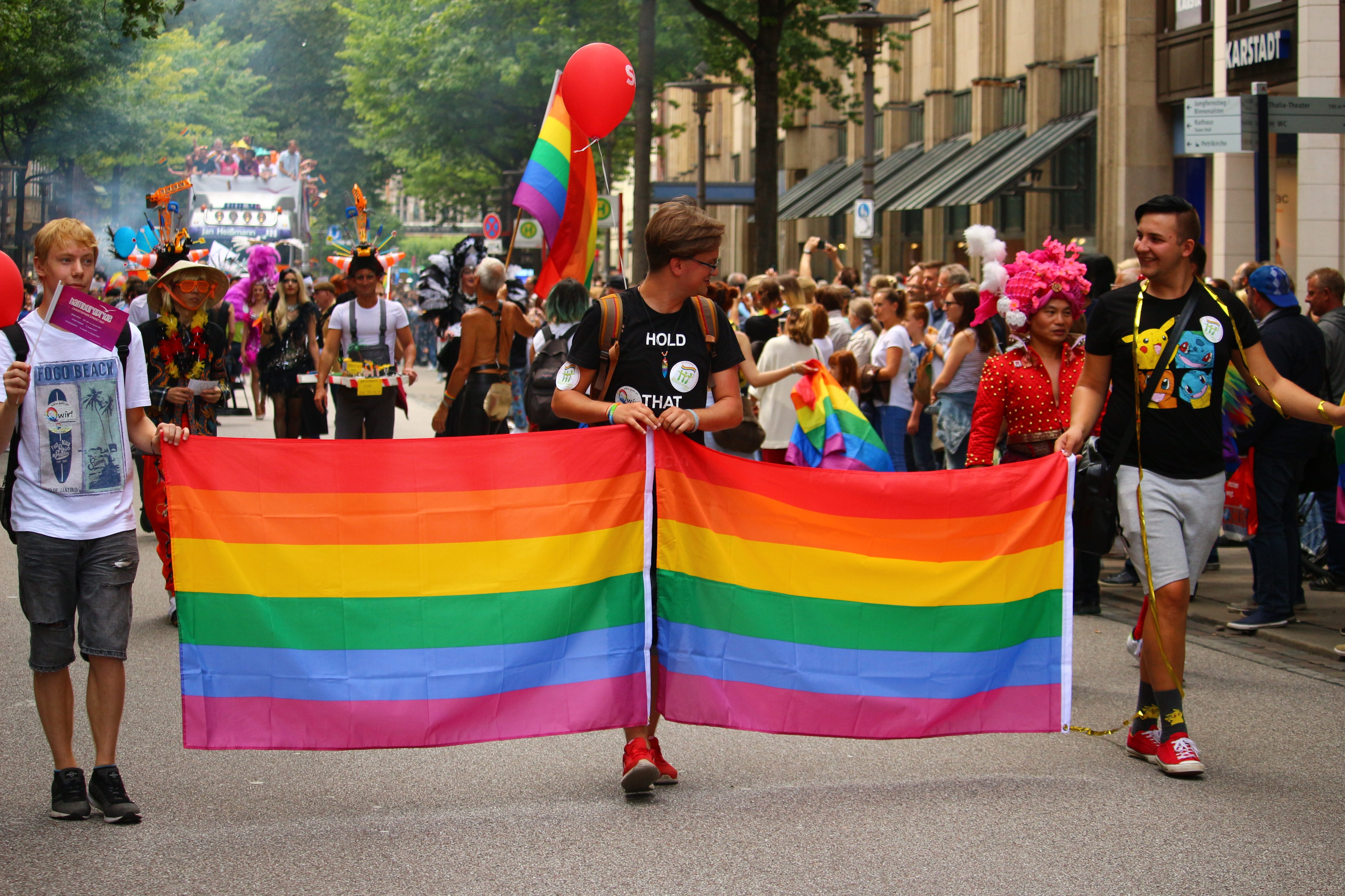 flag, festival, people, daytime, holding, gay, street, rainbow, three, group of people, multi colored, hamburg, celebration, human, spectator, men, pride, HD Wallpaper