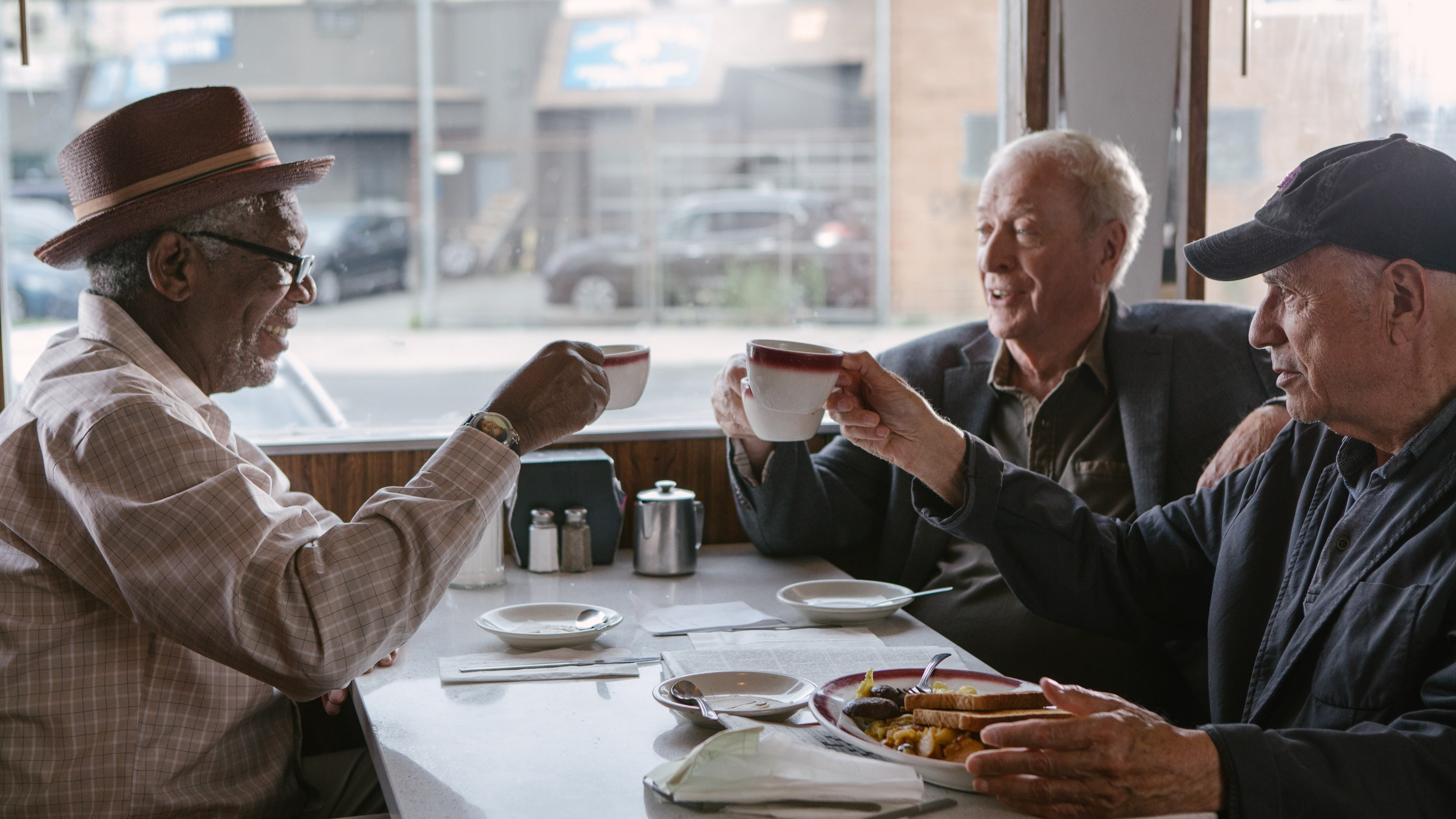 drinking, Morgan Freeman, 5K, coffee, Going in Style, Michael Caine, best movies, men, three, Alan Arkin, HD Wallpaper
