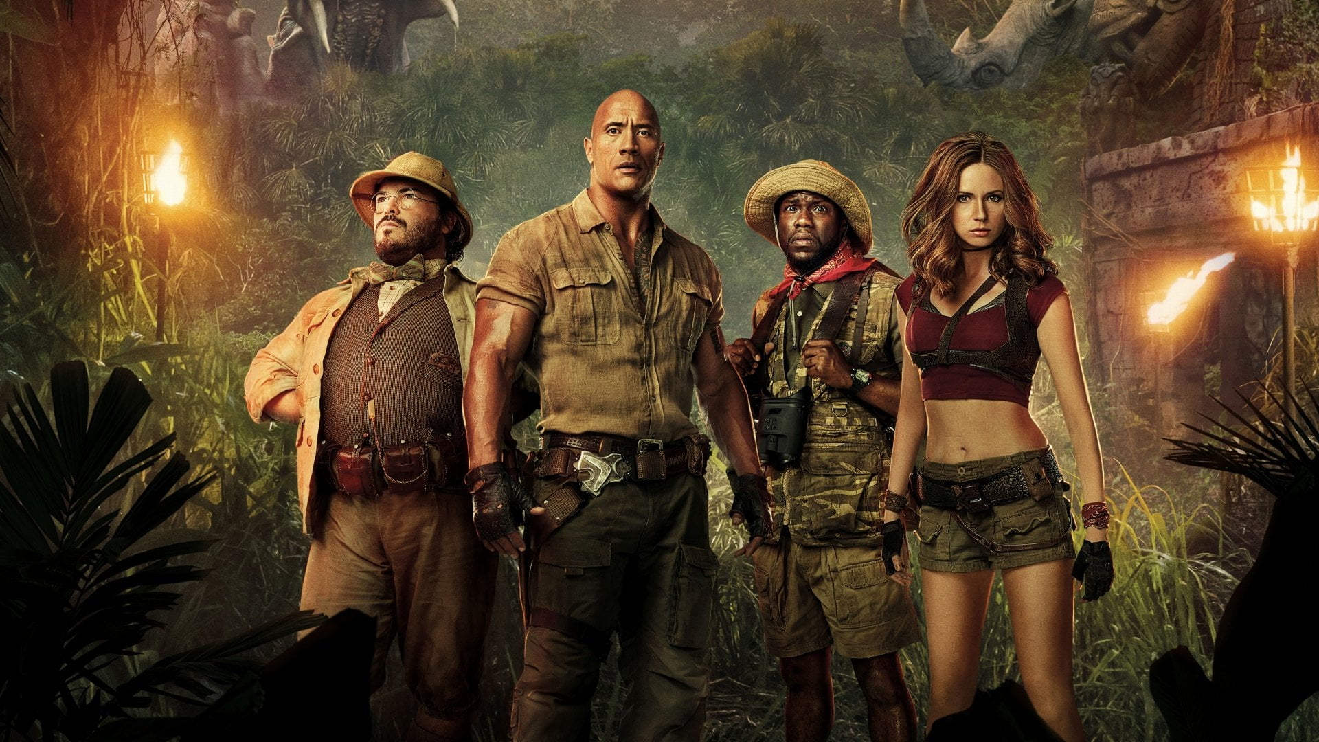 Jumanji: Welcome to the Jungle, men, Kevin Hart, front view, young adult, Karen Gillan, Dwayne Johnson, night, people, 1080P, clothing, looking at camera, HD Wallpaper