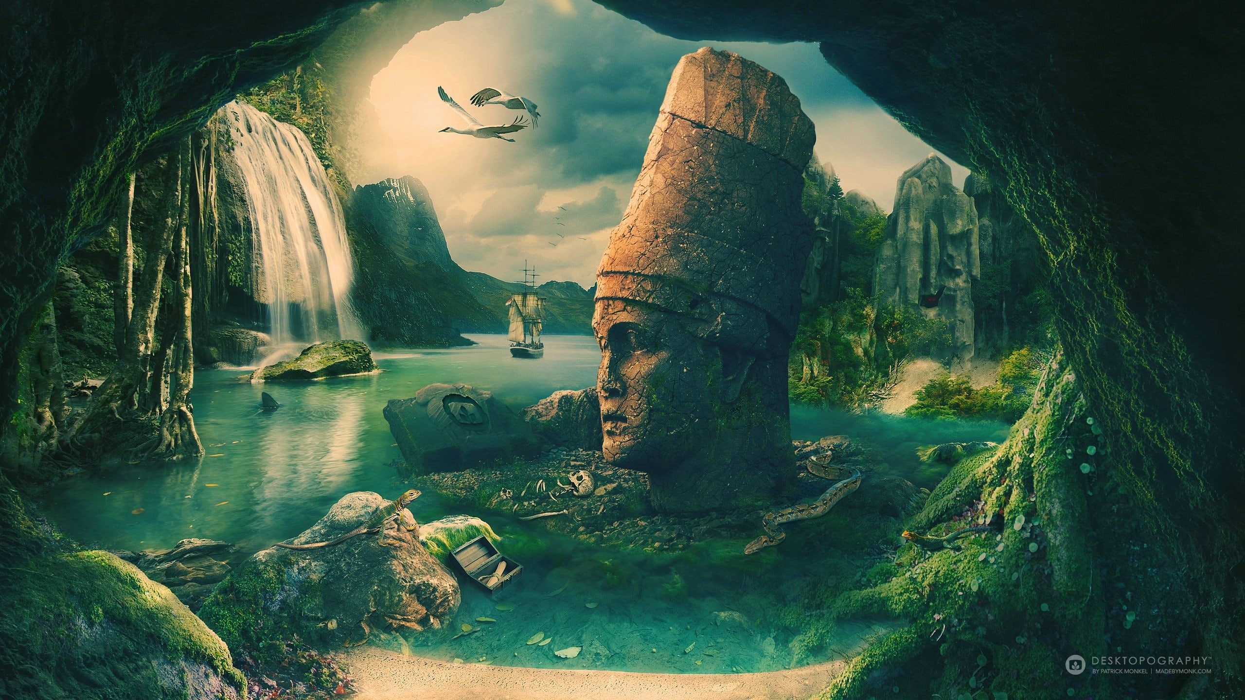 Maya (civilization), birds, sailing ship, Desktopography, cave, 2K, HD Wallpaper