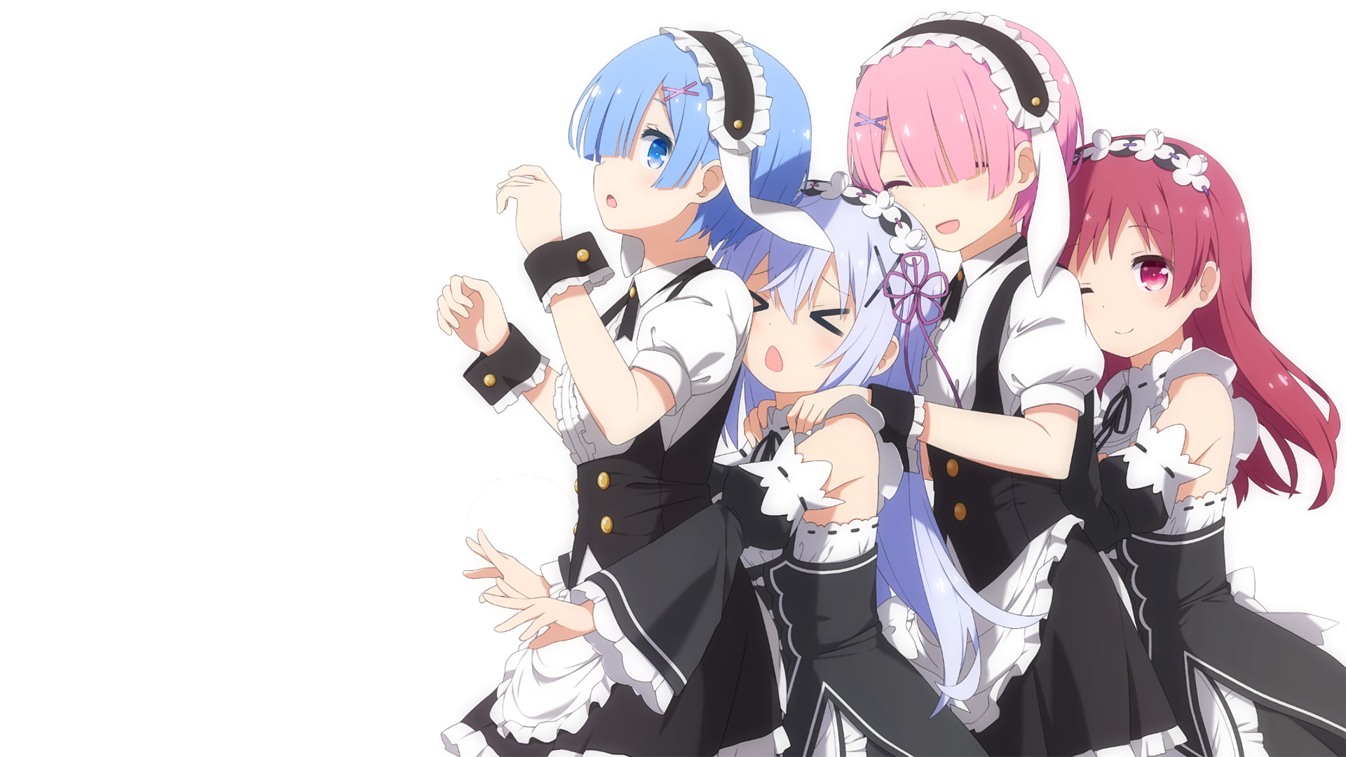 crossover, Kafuu Chino, Ram (Re: Zero), Re:Zero Kara Hajimeru Isekai Seikatsu, Natsu Megumi, anime girls, 1080P, anime, Gochuumon wa Usagi Desu ka?, Rem, HD Wallpaper