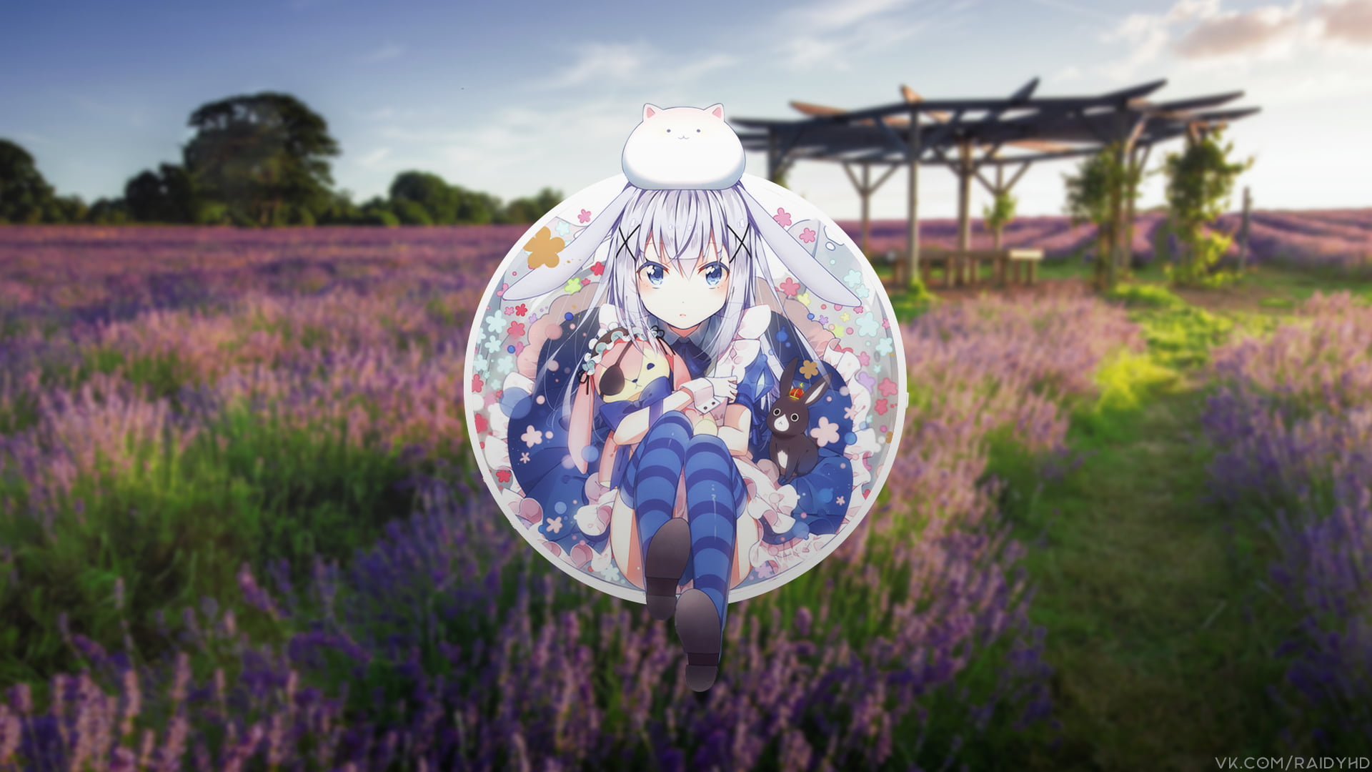 outdoors, anime, picture-in-picture, flower, plant, cloud - sky, no people, Gochuumon wa Usagi Desu ka?, Kafuu Chino, anime girls, beauty in nature, field, HD Wallpaper