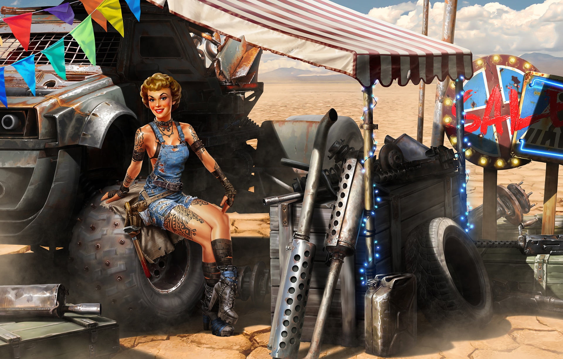 garage, Sergey Kondratovich, 1080P, Post Apocalyptic pin up BLACK FRIDAY, girl, HD Wallpaper