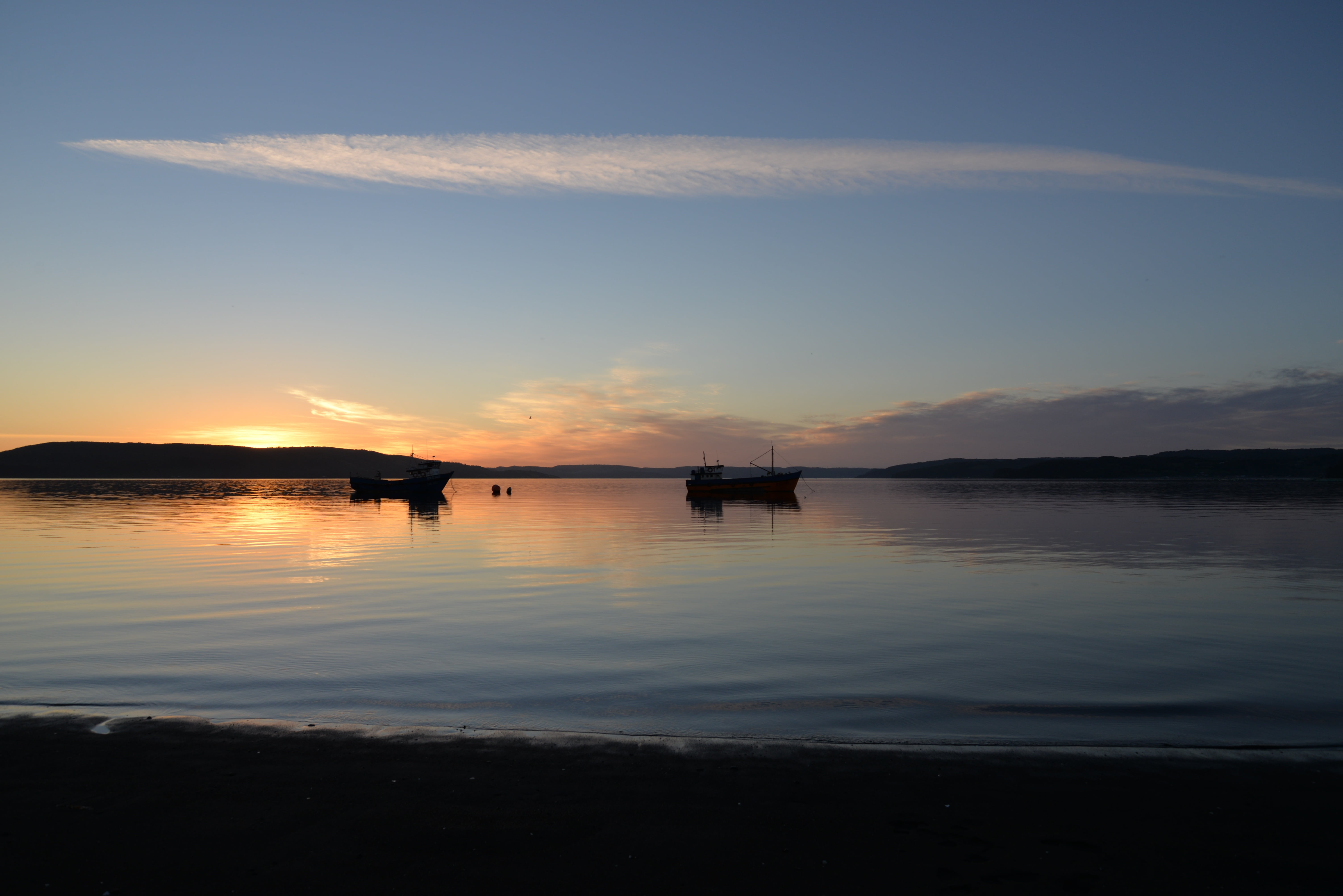 sun, sky, silhouette, tranquil scene, fishing, transportation, lake, outdoors, tranquility, chiloé, clouds, no people, 5K, dusk, isla de chiloé, chile, HD Wallpaper
