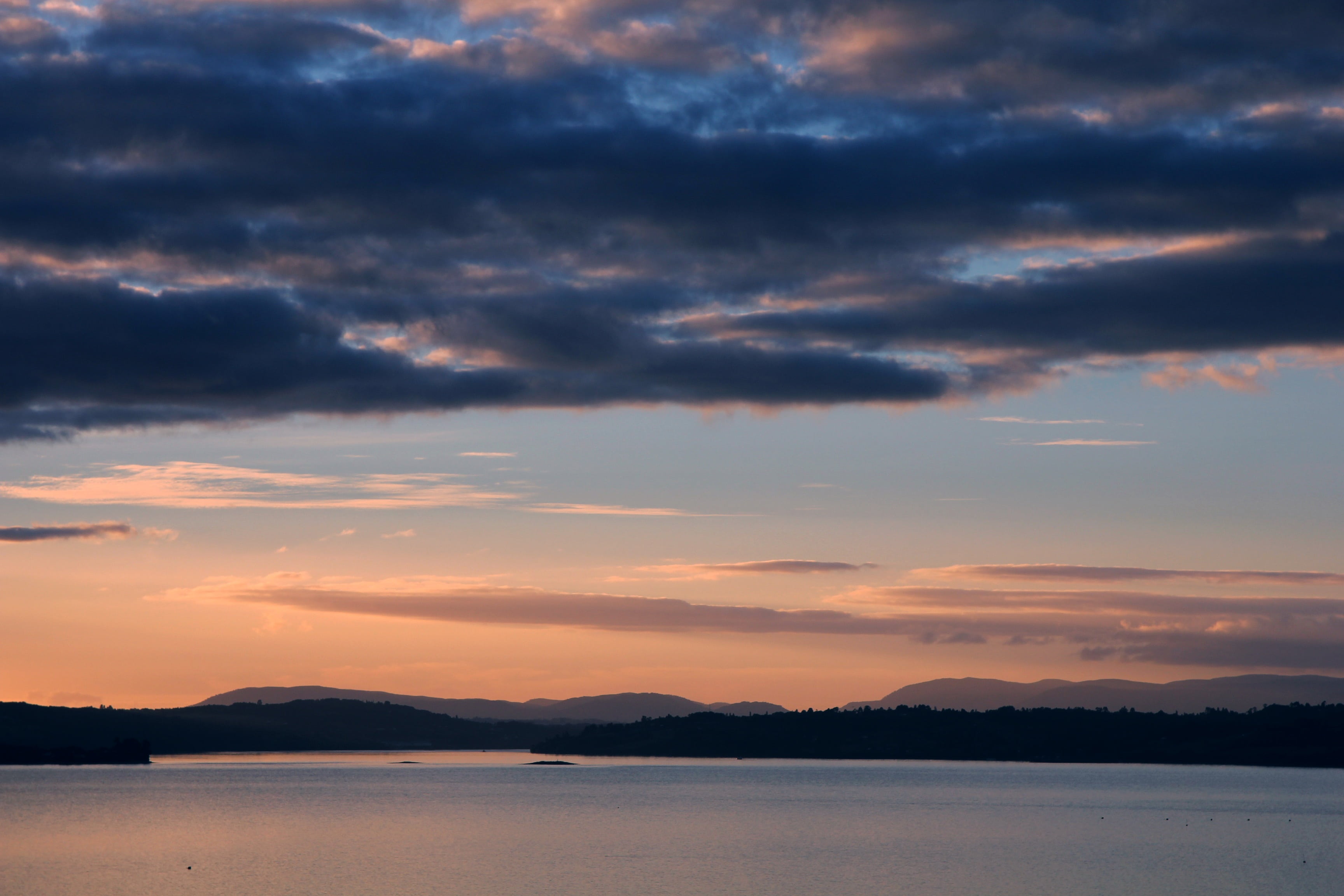 idyllic, mountain range, sunset, tranquil scene, silhouette, no people, blue, environment, beach, non-urban scene, mountain, backlight, orange color, background image, HD Wallpaper