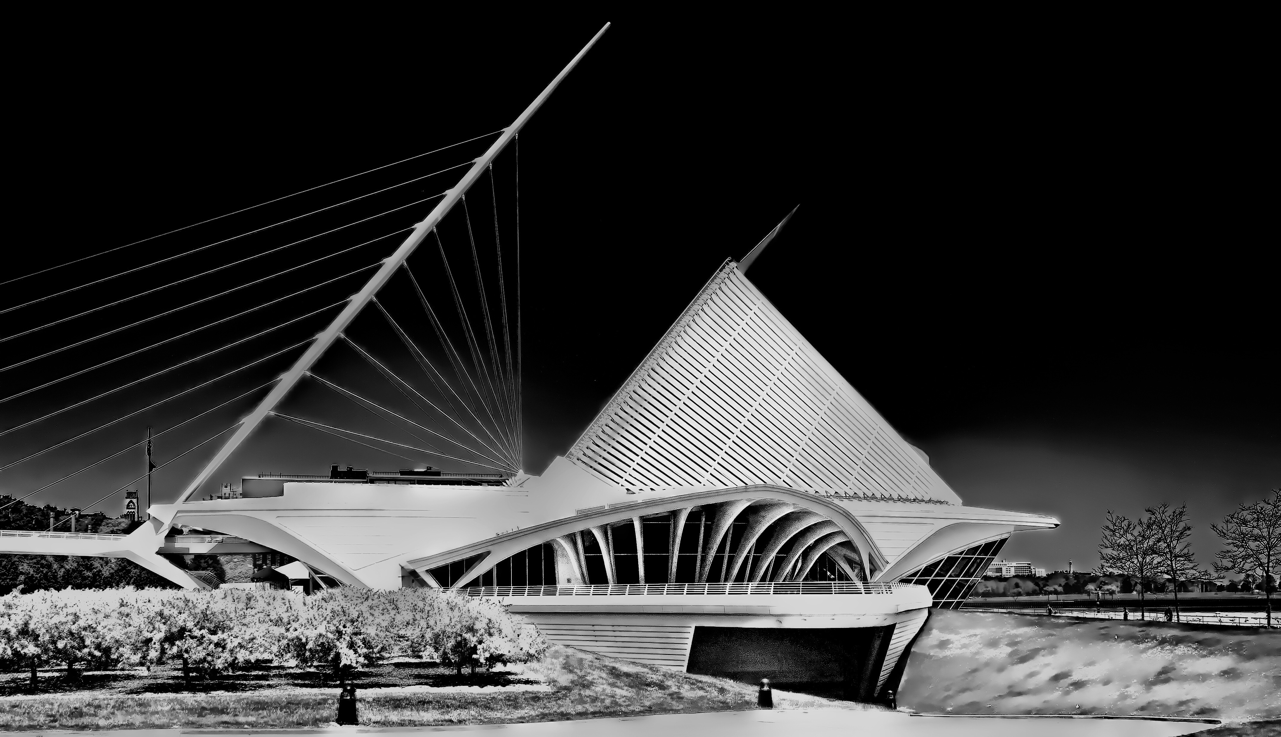 low angle view, 4K, milwaukee, museum, built structure, grayscale, urban, water, tree, nature, travel destinations, river, building exterior, plant, architecture, HD Wallpaper