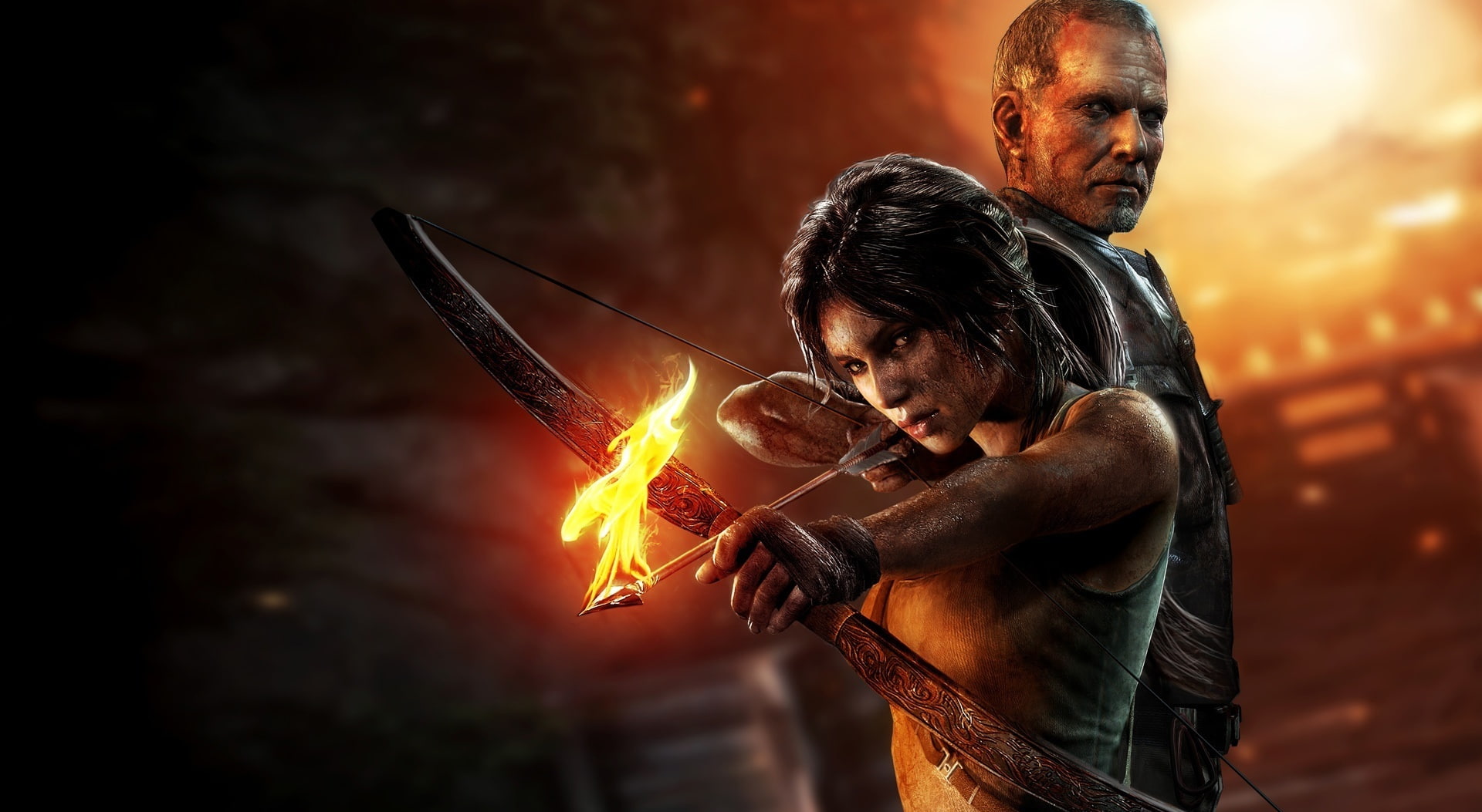 Games, burning, flame, raider, fire arrow, 1080P, people, fire, Tomb Raider, fire - natural phenomenon, two people, togetherness, metal industry, adult, HD Wallpaper