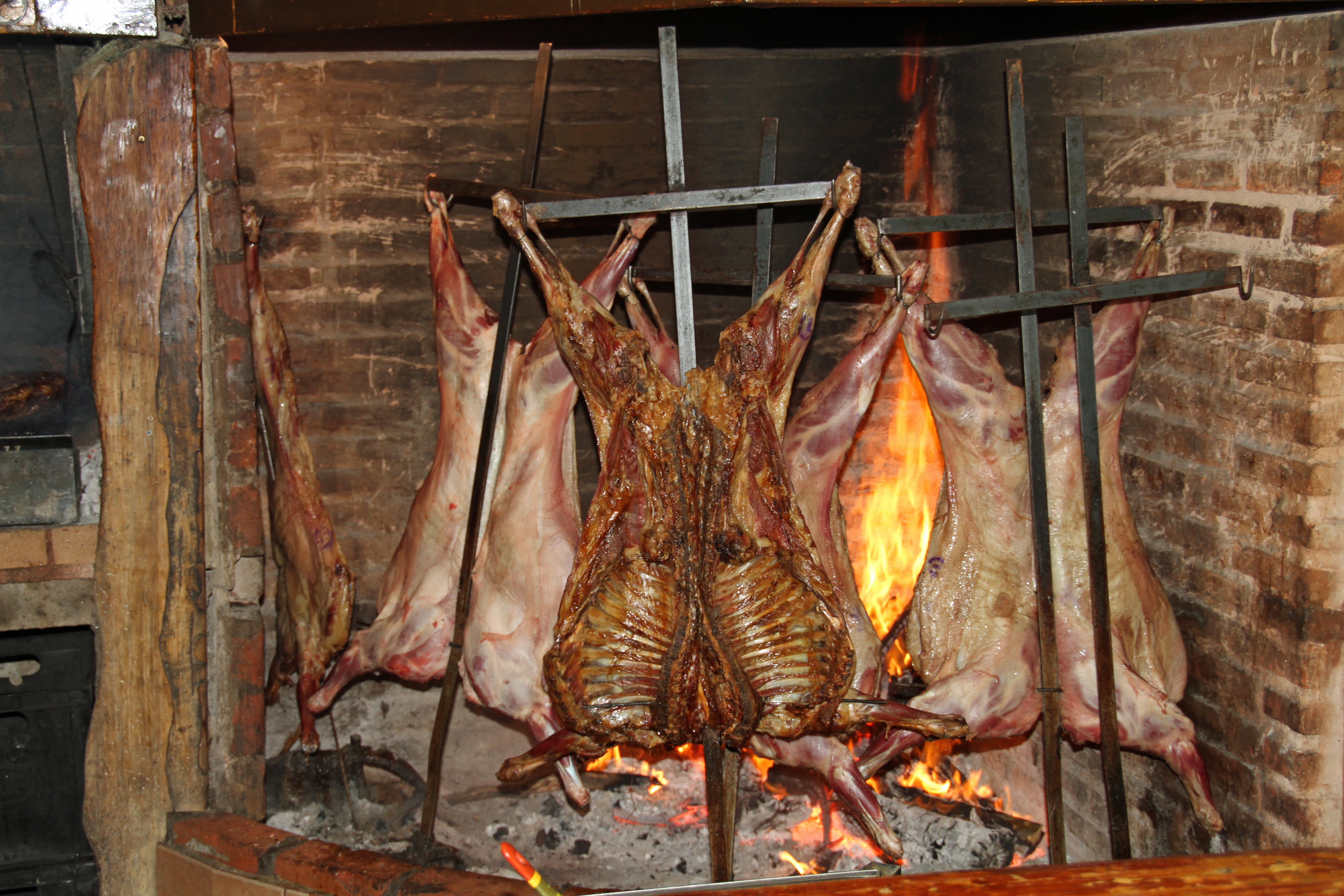 burning, meat, food, fish, hanging, for sale, town, healthy eating, fire - natural phenomenon, food and drink, outdoors, orange color, patagonia, lamb, HD Wallpaper