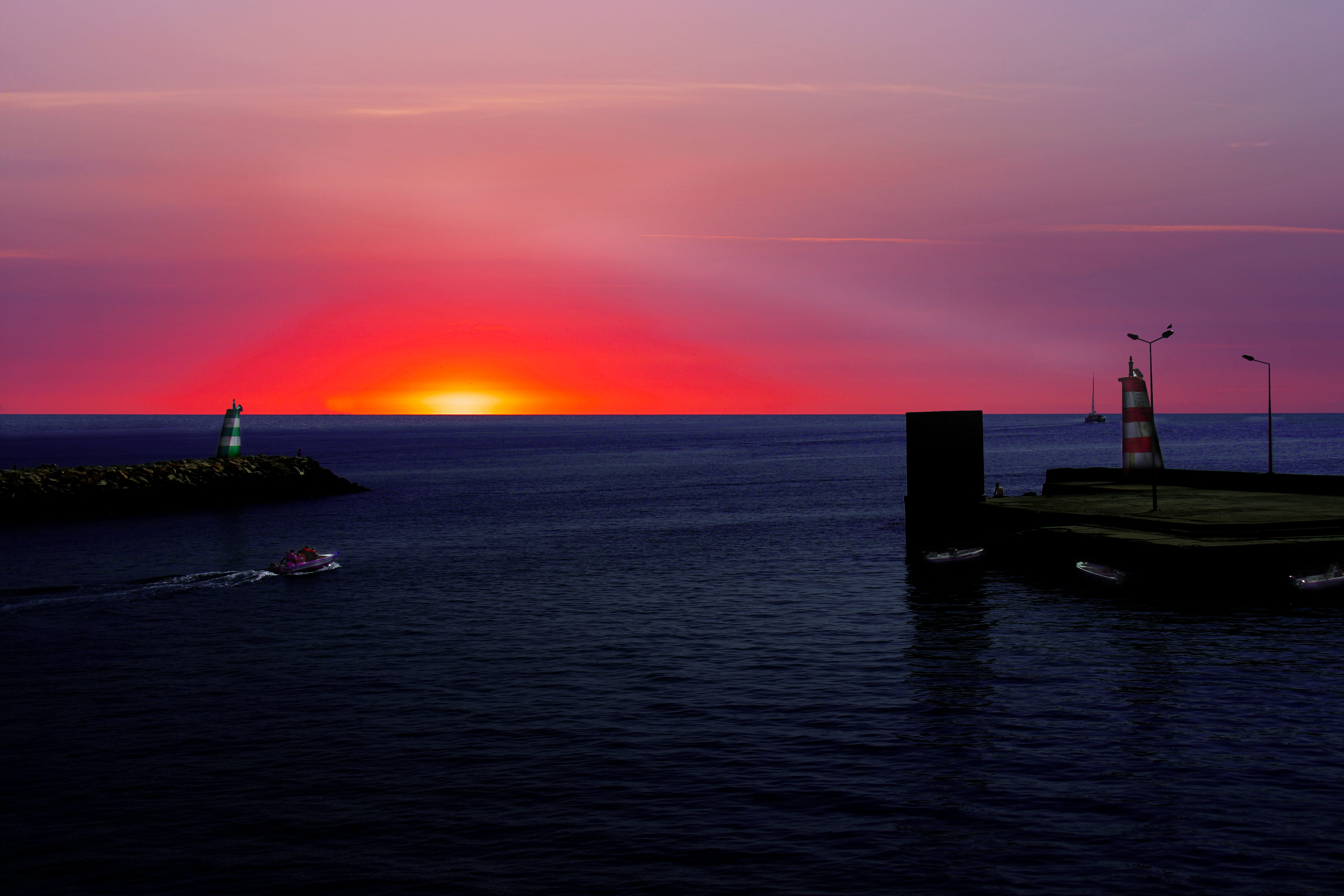 red, tranquility, silhouette, nautical vessel, waterfront, set, cloud - sky, no people, idyllic, body, lighthouse, night, sky, boat, horizon, scenics - nature, HD Wallpaper