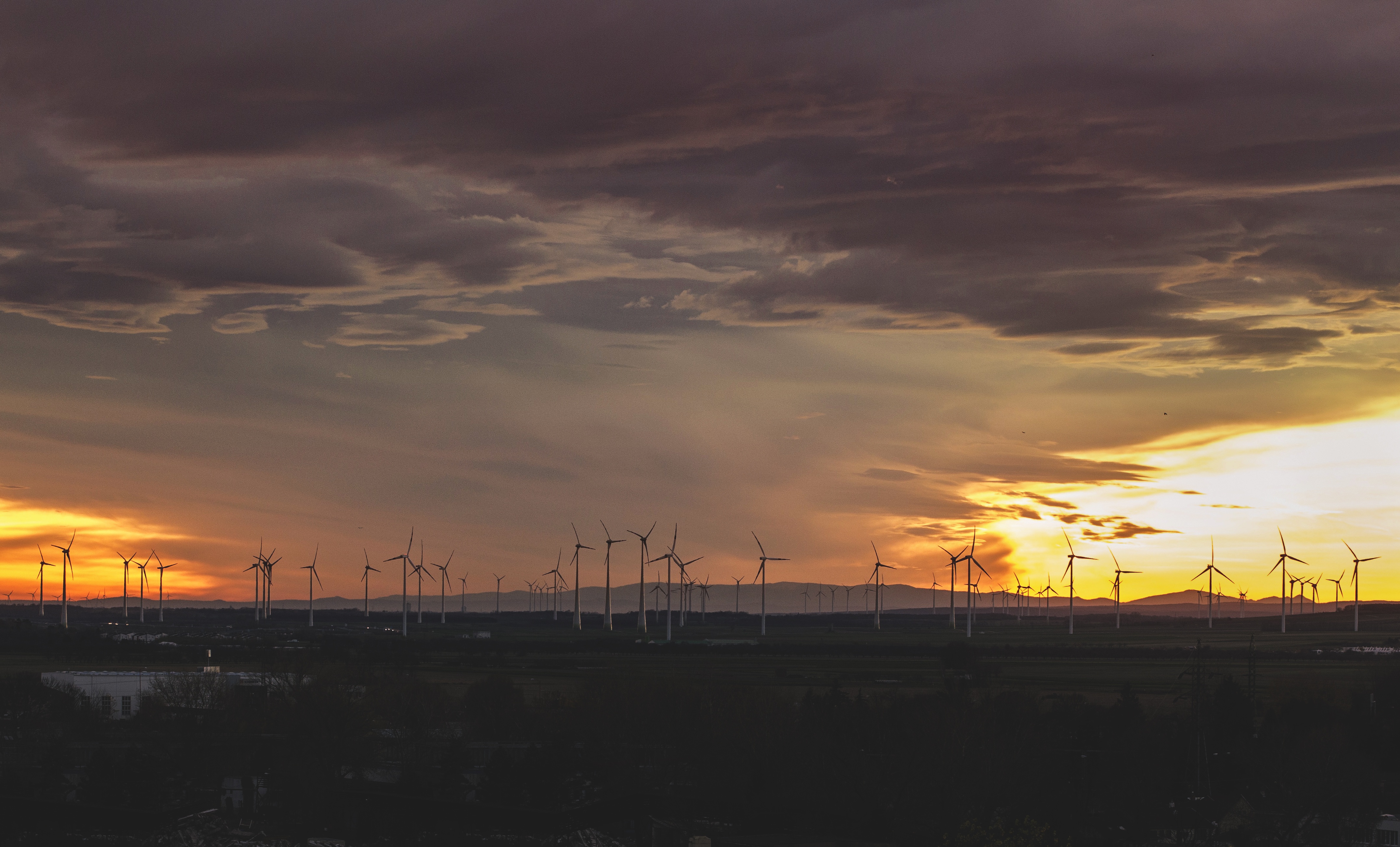 weather, travel, electricity, cloud, environment, sun, mill, scenic, scenics - nature, light, yellow, silhouette, power line, windmill, cloud - sky, storm, HD Wallpaper
