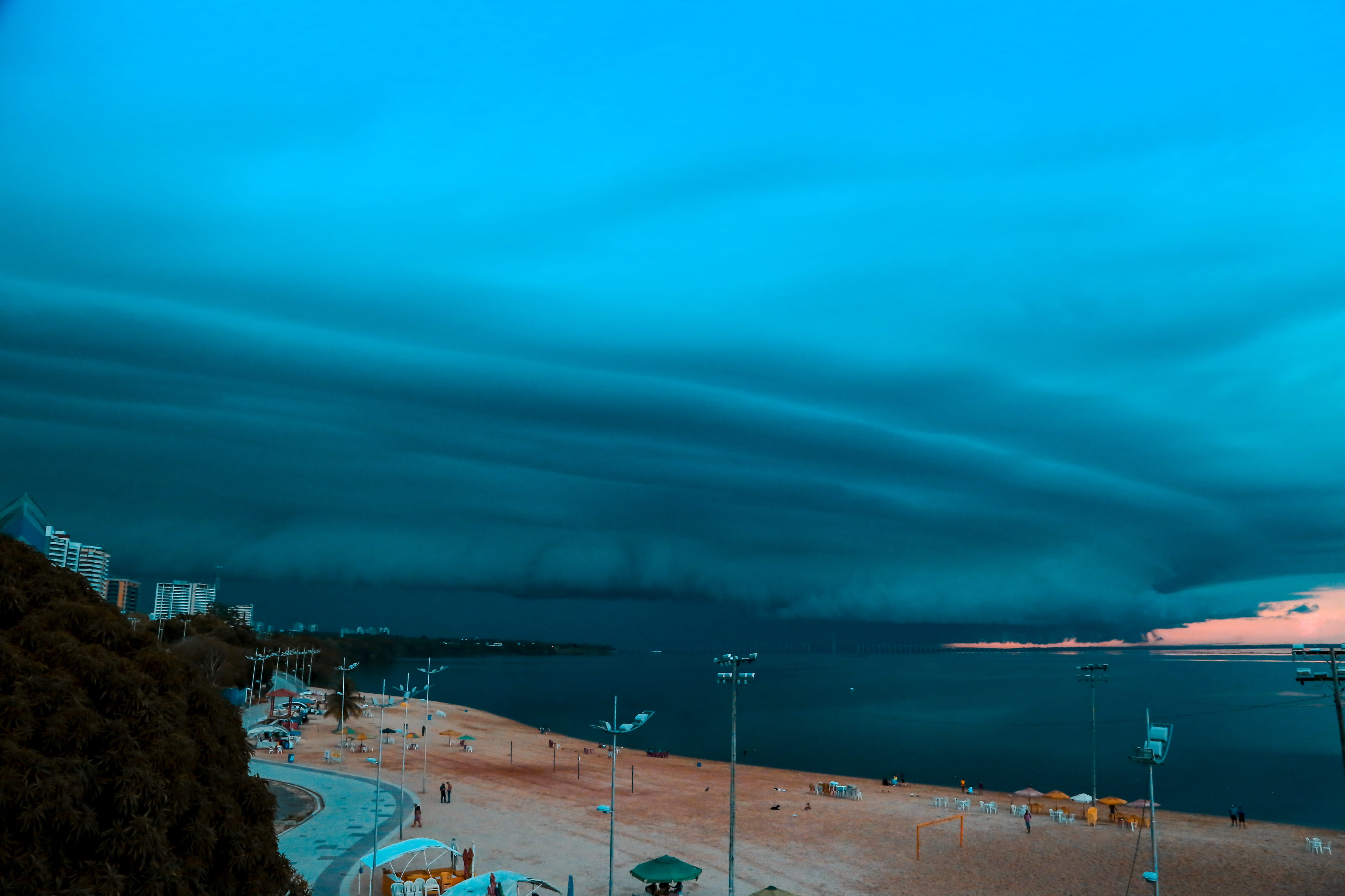 storm, beauty in nature, no people, manaus, water, brazil, 5K, transportation, city, cloud - sky, beach, sky, sea, built structure, blue, dusk, architecture, HD Wallpaper