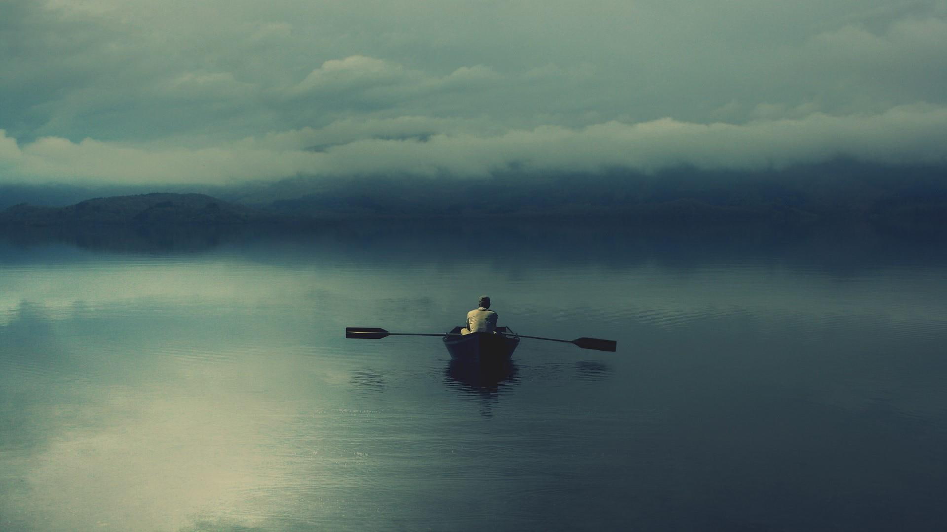 sea, twilight, evening, rowing, boat, solitary, 1080P, cloudy, HD Wallpaper