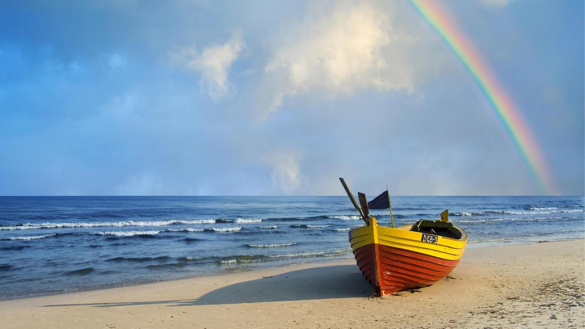 boat, rainbow, beach, row, row boat, nature and landscapes, 1080P, HD Wallpaper