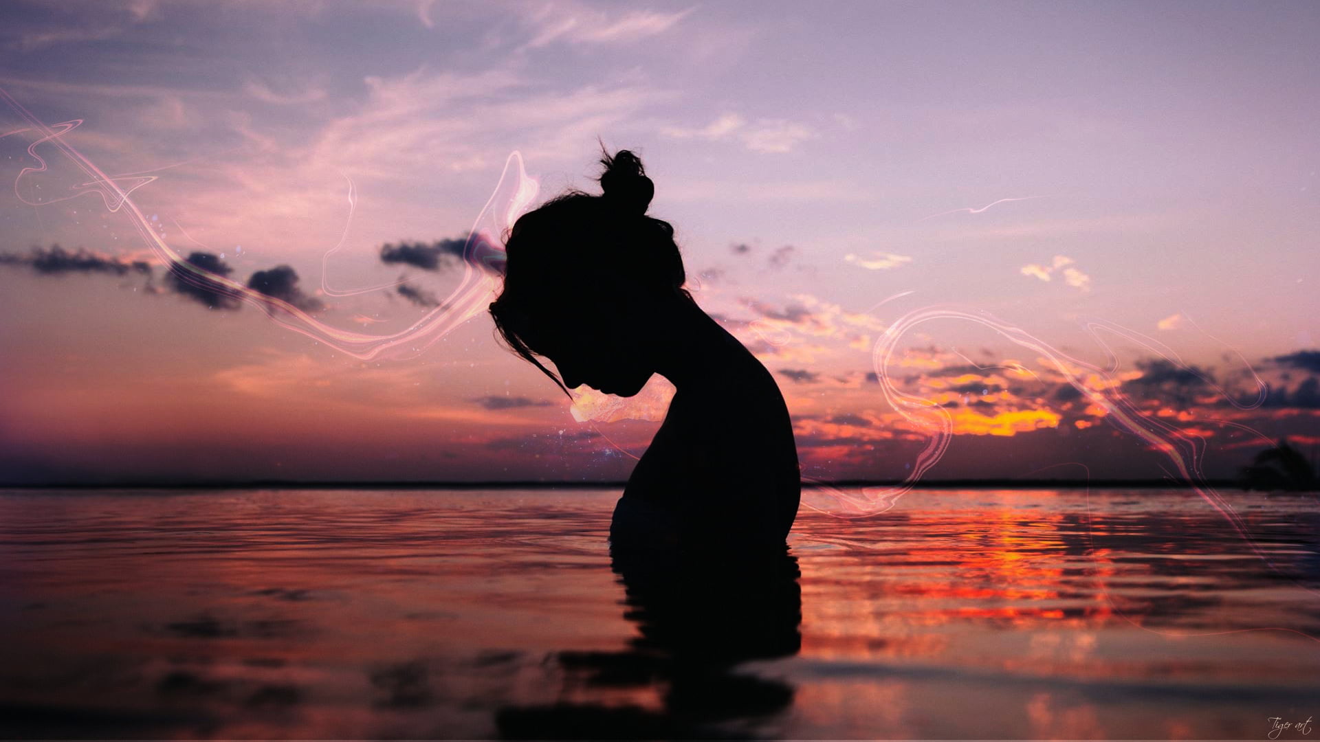 tranquility, sea, reflection, adult, beach, 1080P, land, emotion, nature, women, arms raised, water, one person, cloud - sky, positive emotion, silhouette, HD Wallpaper