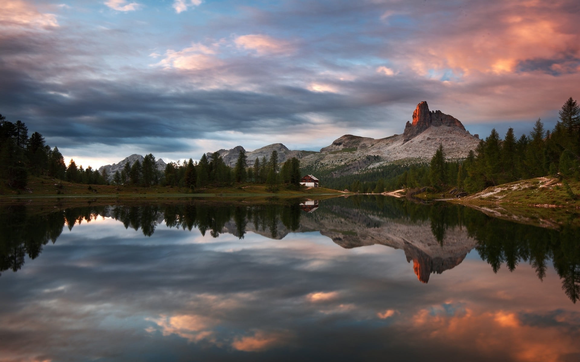 tree, water, symmetry, reflection, beside, sunset, no people, clouds, lake, waterfront, mountain range, calm, landscape, daytime, trees, body, summer, mountain, HD Wallpaper