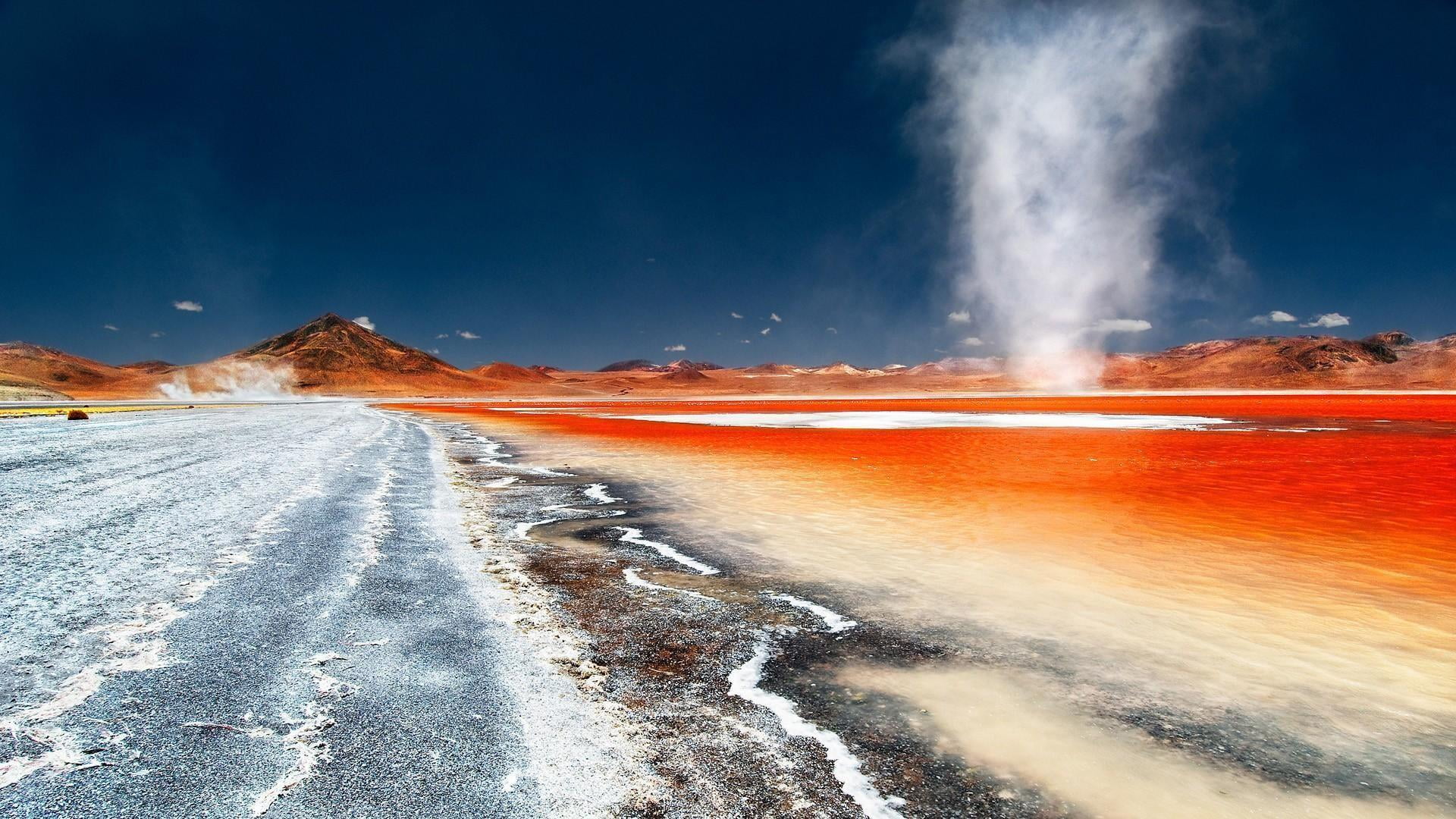 nature, no people, lagoon, motion, salt lake, power in nature, beauty in nature, mountain, landscape, scenics - nature, cloud - sky, travel, red lagoon, HD Wallpaper