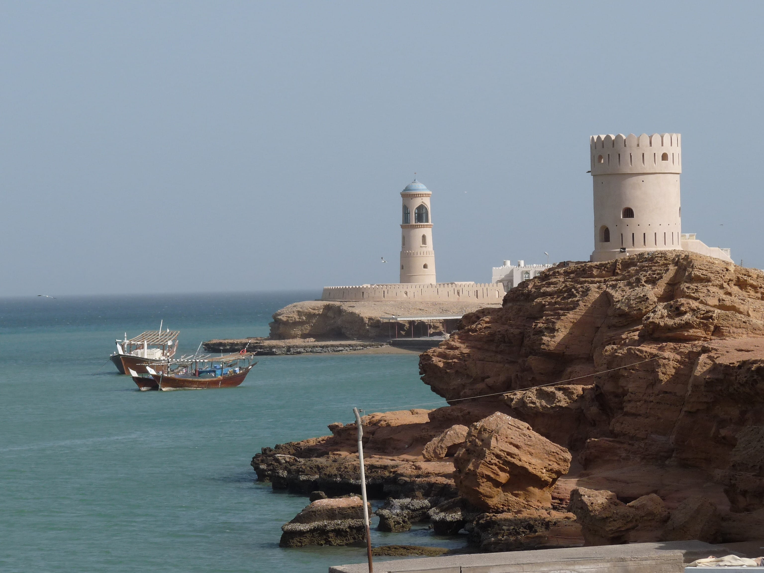 harbor, oman, white, building, no people, Tower, outdoors, tourism, nautical vessel, built structure, transportation, sur, ocean, nature, architecture, HD Wallpaper