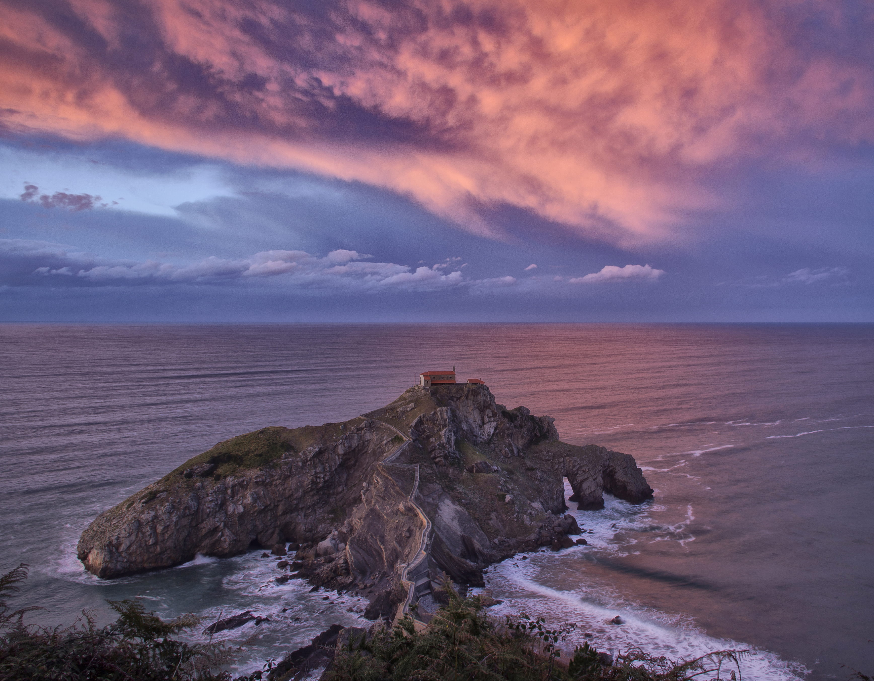 red, solid, nature, promontory, leisure activities, spain, scenics - nature, no people, cliff, mountain, vizcaya, house, land, beacon, tranquil scene, architecture, HD Wallpaper