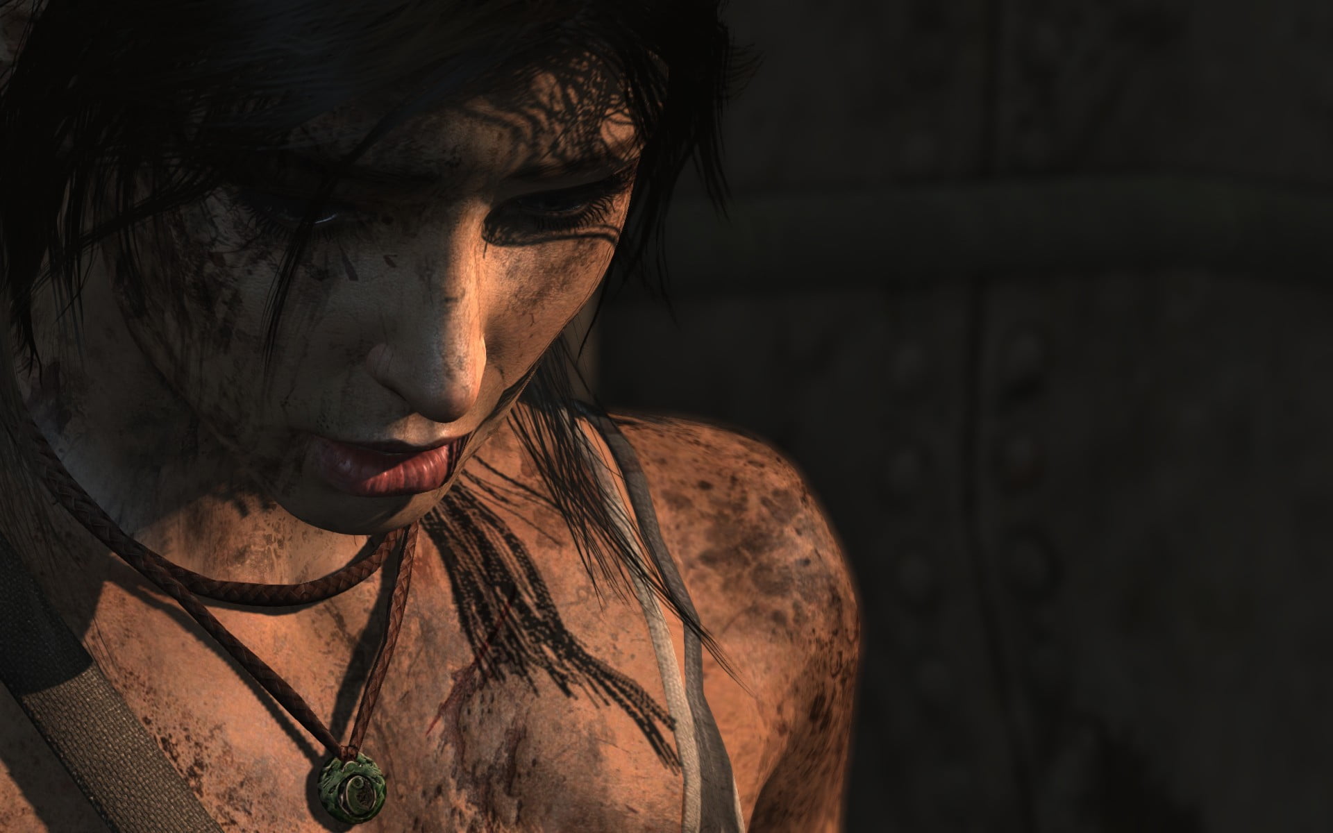 screenshot, tomb raider 2013, woman, dirt, pendant, green, videogame, necklace, 1080P, Tomb Raider, face, Lara Croft, video games, HD Wallpaper