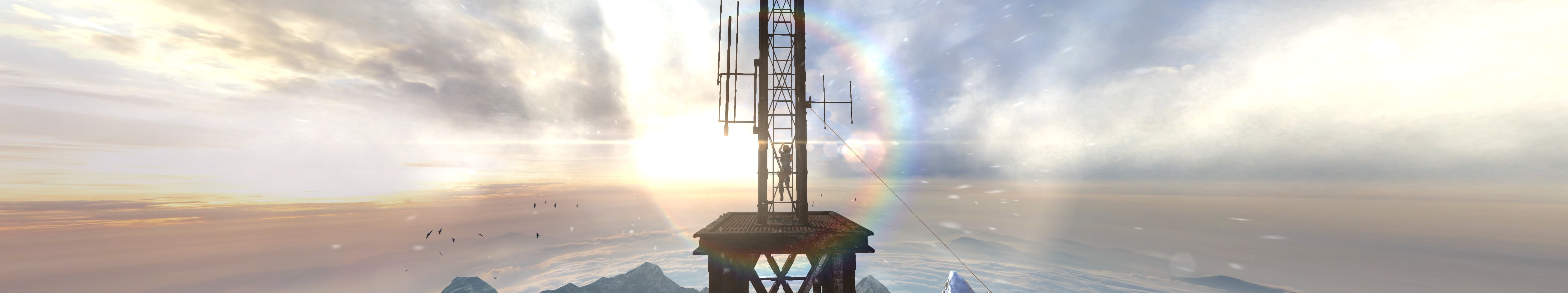 motion, tower, cloud - sky, Triple Screen, sea, Tomb Raider, transportation, sky, architecture, built structure, nature, day, horizon, water, Eyefinity, HD Wallpaper
