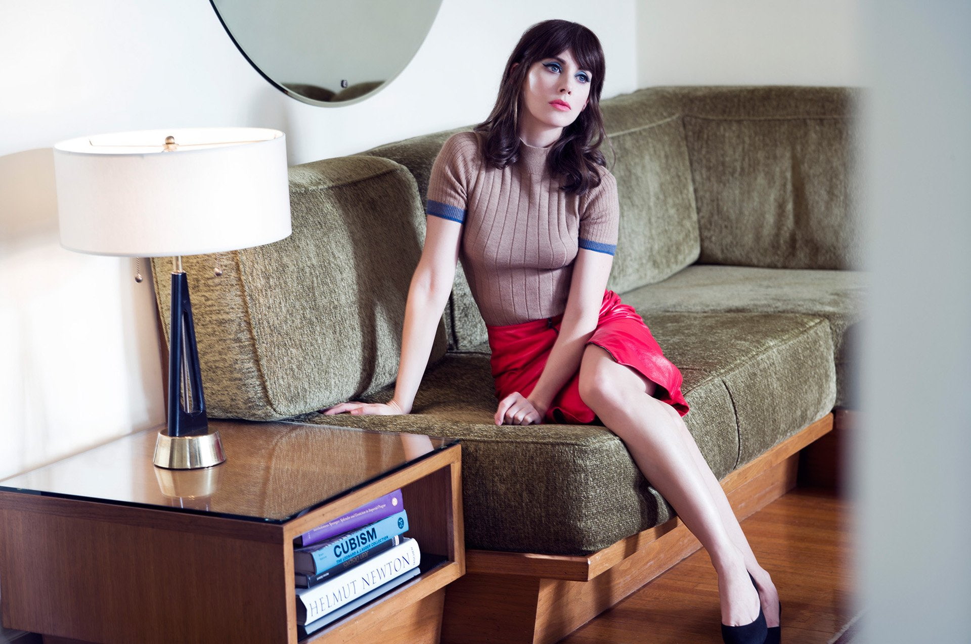 one person, women, beautiful woman, Blue Eyes, domestic room, indoors, Alison Brie, electric lamp, sofa, home interior, Actress, young women, full length, HD Wallpaper
