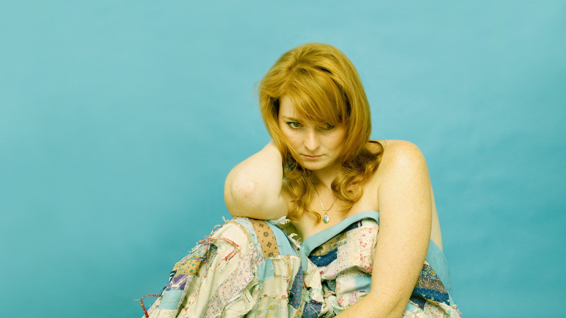 bangs, indoors, copy space, beauty, one person, adult, young adult, jenn grant, contemplation, looking at camera, hairstyle, hair, colored background, blue, HD Wallpaper
