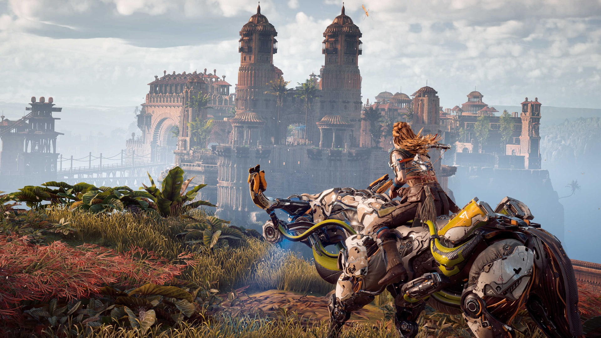 Horizon: Zero Dawn, building exterior, architecture, built structure, spirituality, water, human representation, art and craft, history, Aloy (Horizon: Zero Dawn), HD Wallpaper