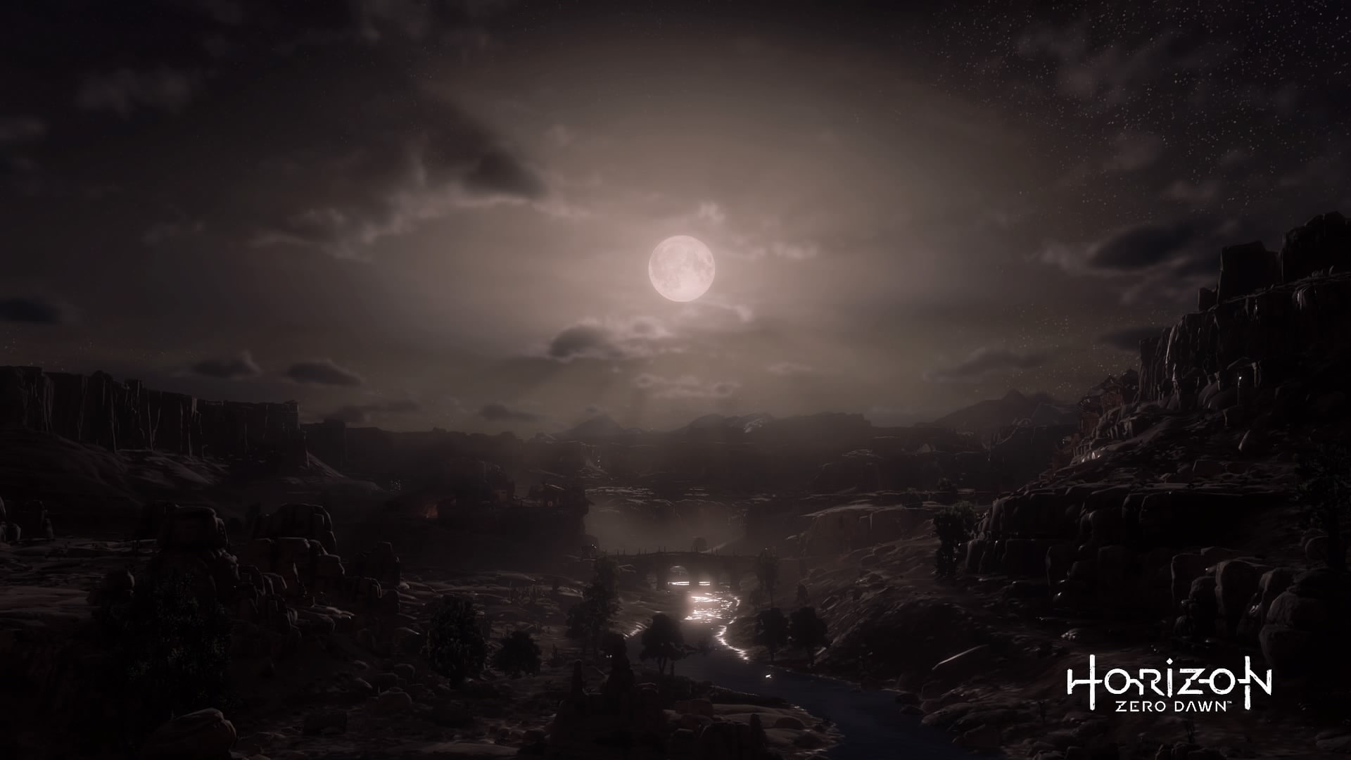 video games, moon, moonlight, outdoors, town, night, cityscape, cloud - sky, 1080P, architecture, city, Horizon: Zero Dawn, Aloy (Horizon: Zero Dawn), HD Wallpaper