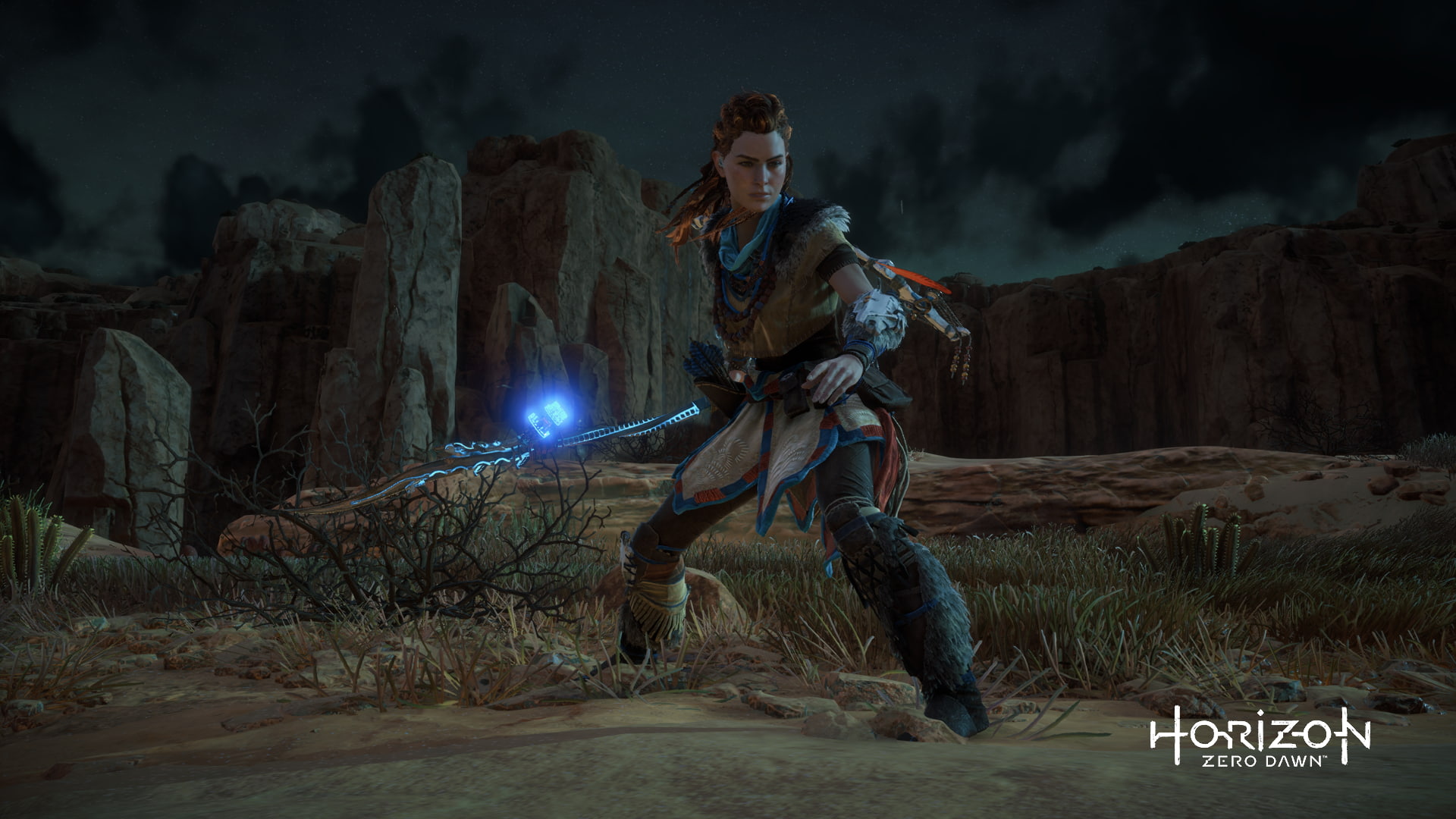night, 1080P, Aloy (Horizon: Zero Dawn), screen shot, spear, Horizon: Zero Dawn, HD Wallpaper