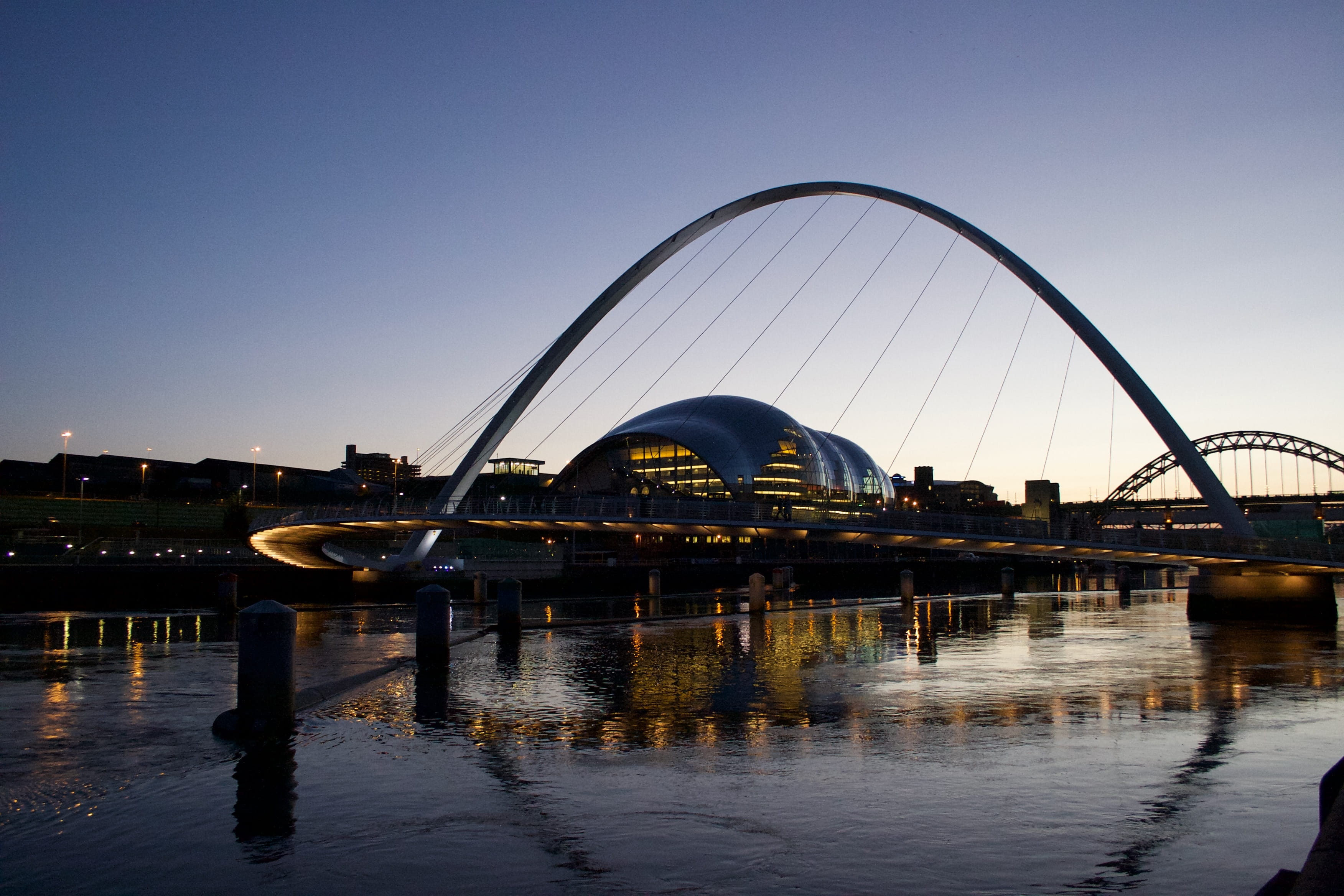 outdoors, skyscraper, landscape, bridge - man made structure, clear sky, Evening, city, no people, upon, connection, bridge, 2K, newcastle quayside, travel, HD Wallpaper