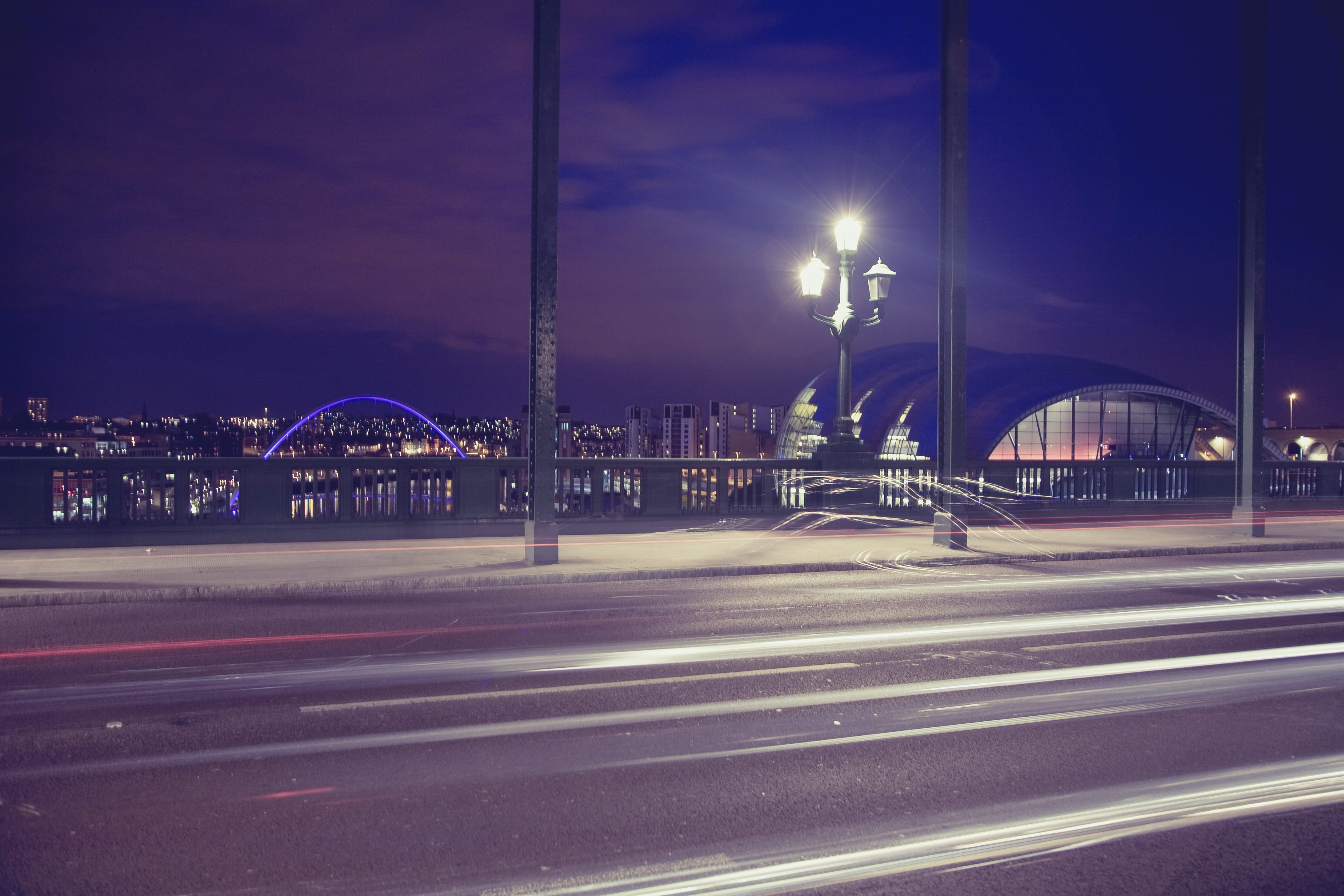 bridge - man made structure, sage gateshead, no people, sky, street, time, light streaks, UK, building exterior, light trail, structure, great britain, HD Wallpaper