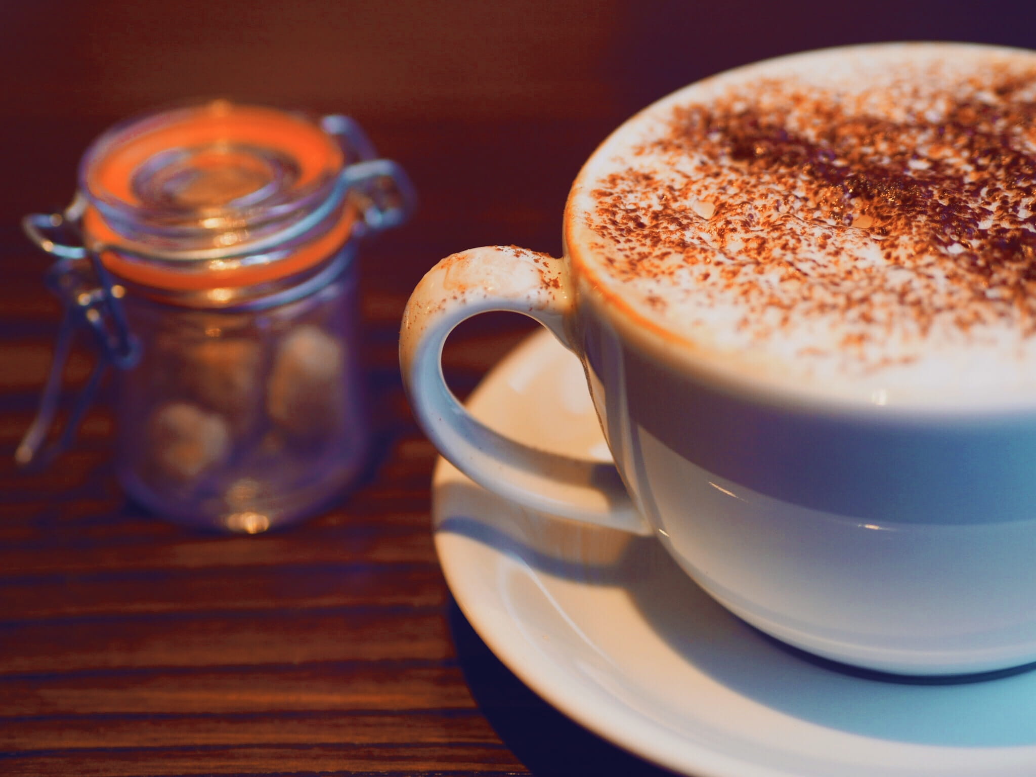 mason jar, close-up, mug, united kingdom, chocolate, coffee - drink, cappuccino, 1080P, latte, food and drink, food, saucer, crockery, cup, frothy drink, HD Wallpaper
