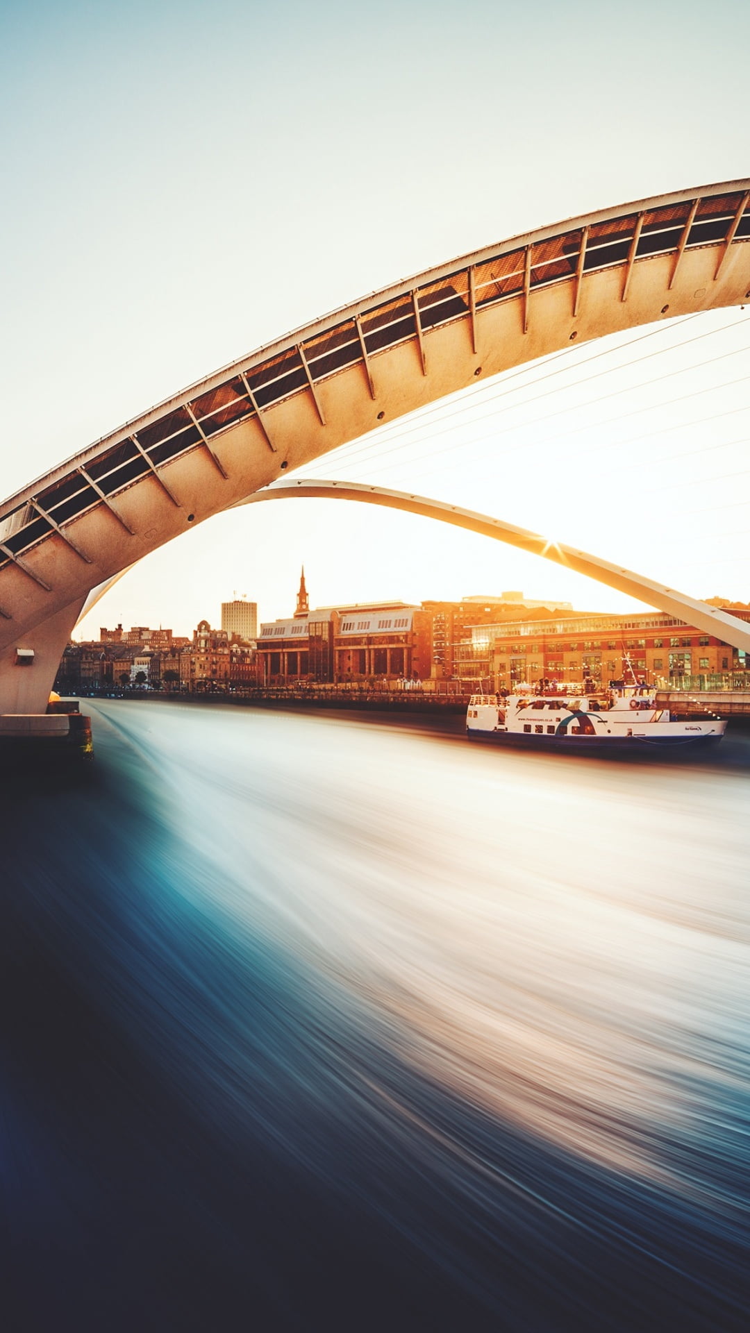 nature, building exterior, building, built structure, water, blurred motion, bridge, rise, 1080P, England, near, city, transportation, sunset, boat, connection, Phone HD Wallpaper