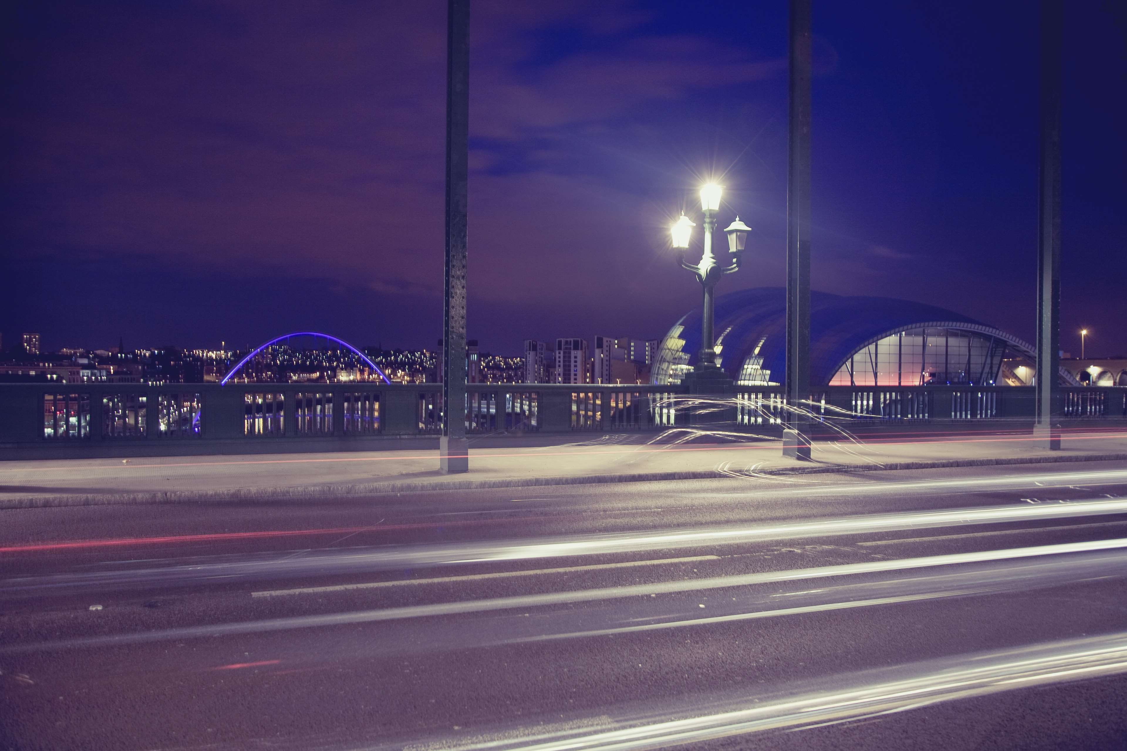 blurred motion, illuminated, sage gateshead, city, bridge, 4K, night, great britain, built structure, building exterior, long exposure, motion, uk, skyscraper, HD Wallpaper