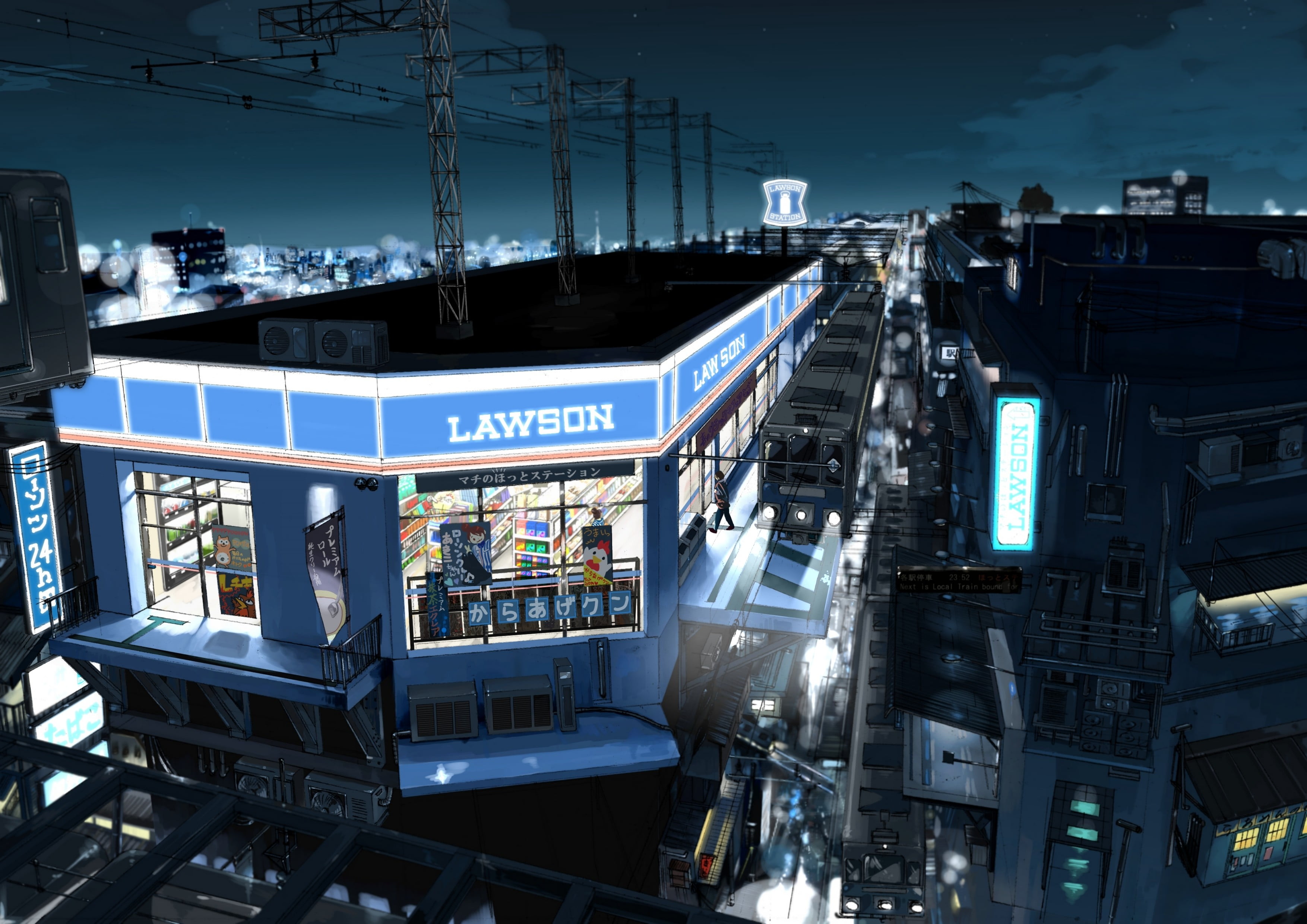 2K, anime, night, built structure, building exterior, train station, outdoors, sky, cityscape, signage, western script, communication, transportation, HD Wallpaper