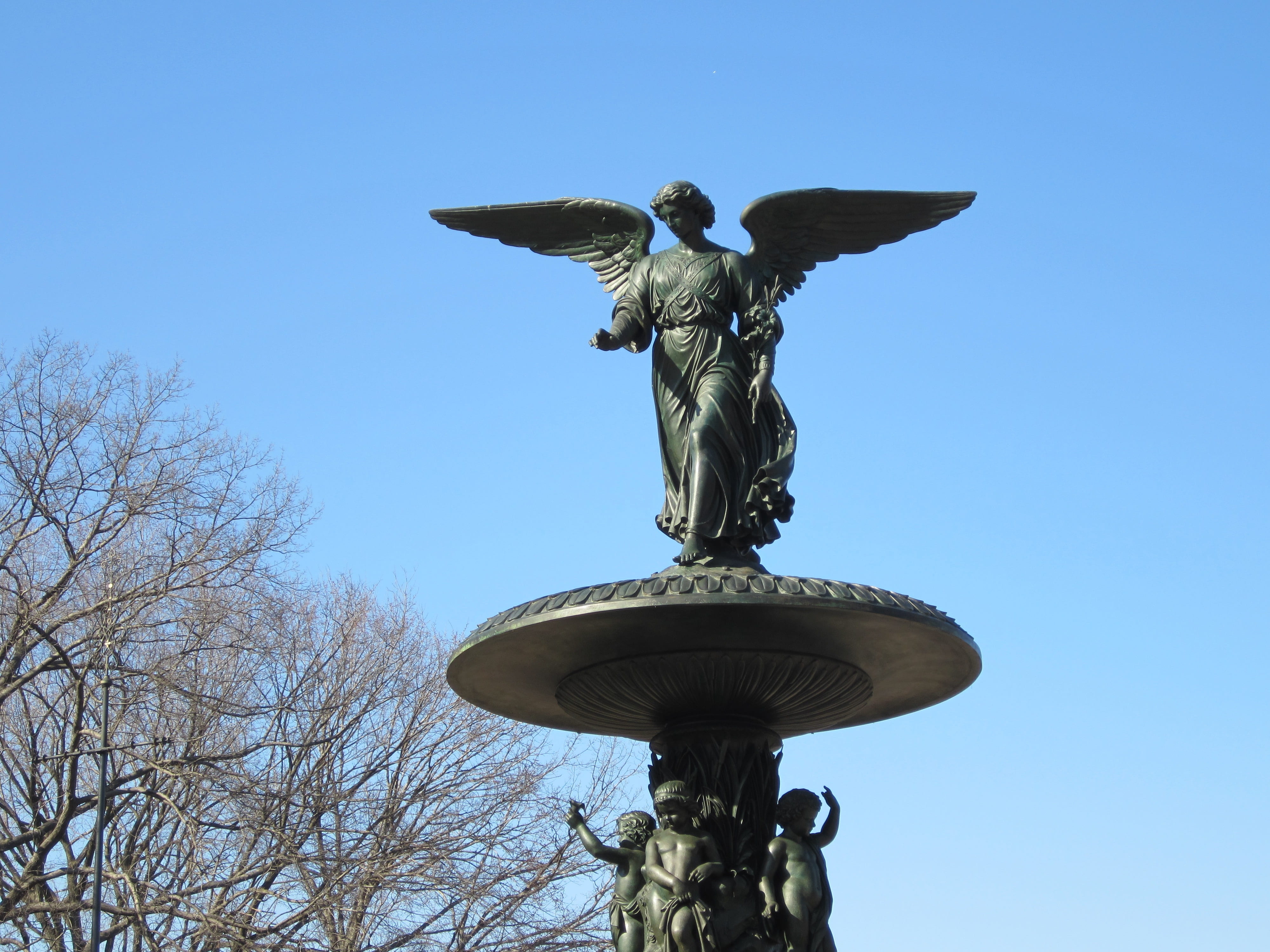 tree, female likeness, human representation, photo, statue, low angle view, bare tree, monument, clear sky, bethesda, day, blue, art, male likeness, heritage, HD Wallpaper