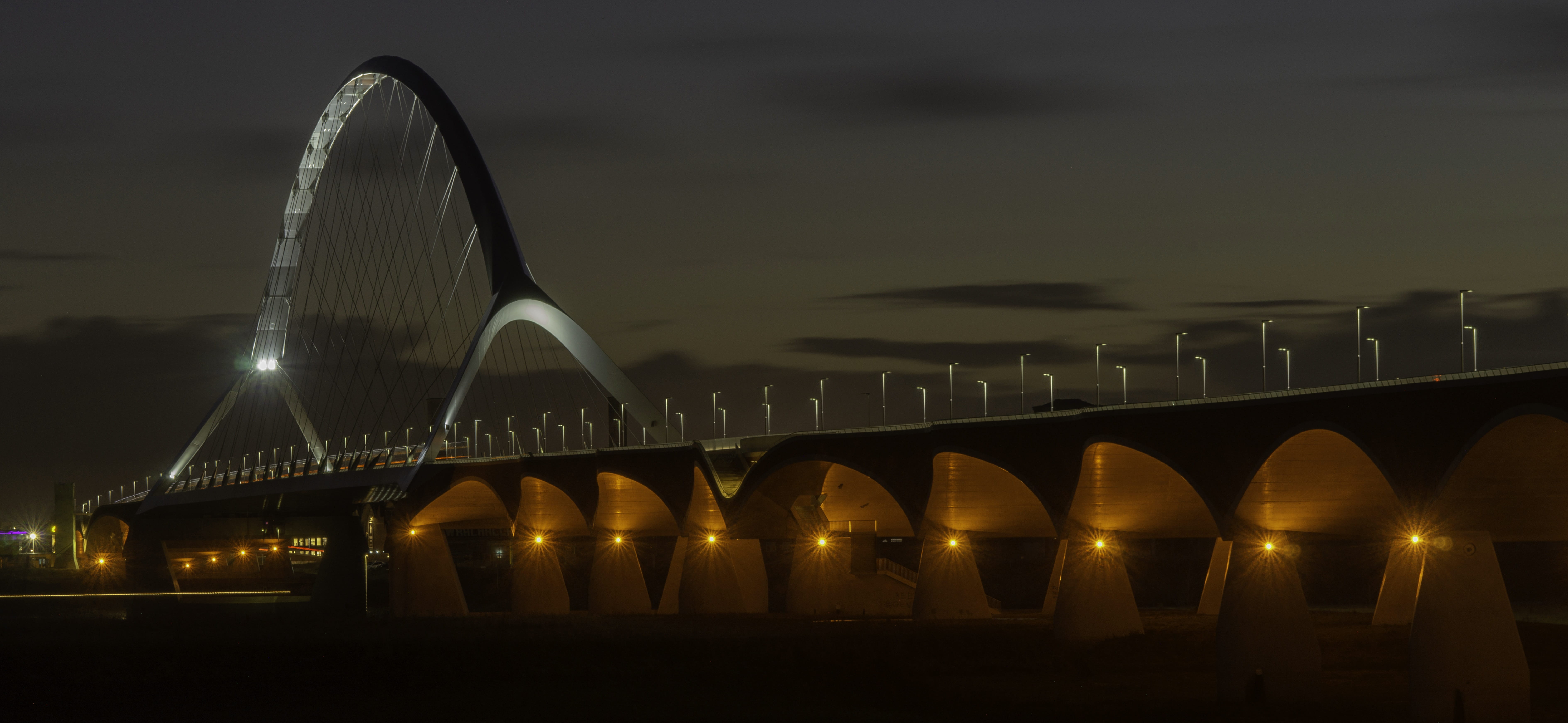 bridge, landscape, architecture, 5K, travel destinations, water, built structure, river, sky, nijmegen, transportation, panorama, night, nature, connection, HD Wallpaper
