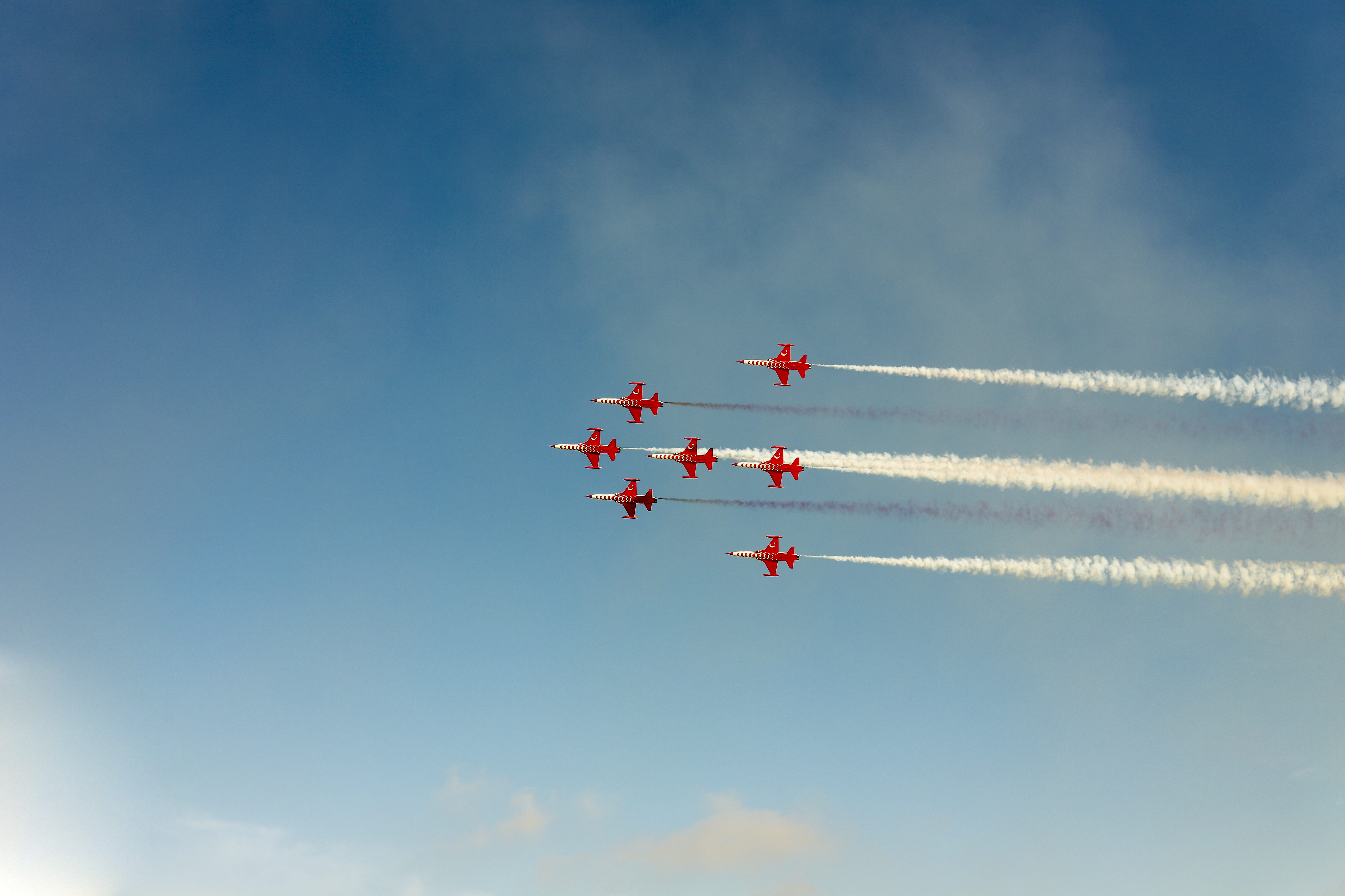 precision, red, airport, low angle view, airshow, airplane, fighter plane, vehicle, cooperation, clouds, day, aircraft, plane, sky, aviation, teamwork, HD Wallpaper
