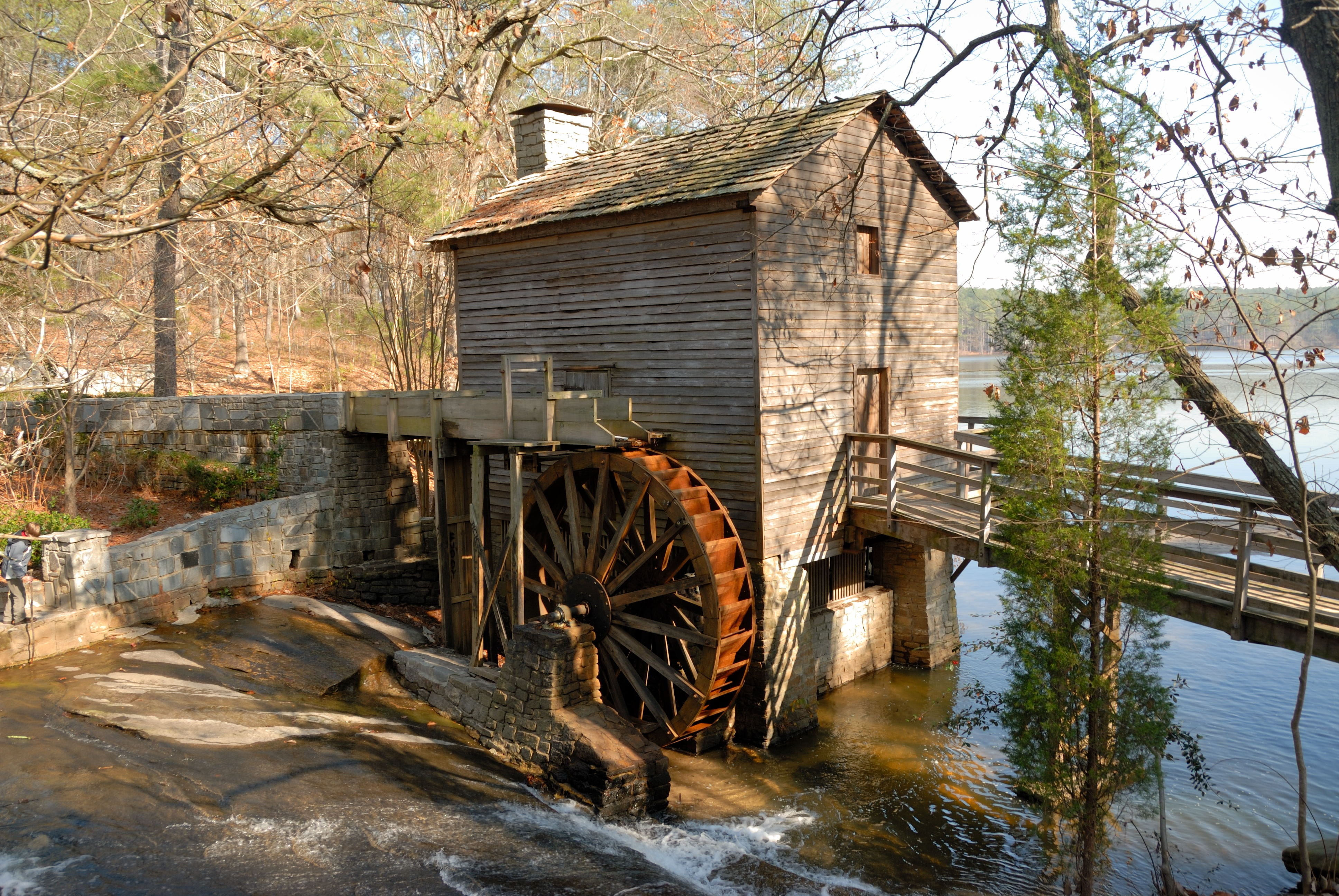 forest, trees, landmark, wooden, connection, nature, stone mountain, flowing water, scenery, architecture, wooden bridge, bridge - man made structure, wheel, HD Wallpaper