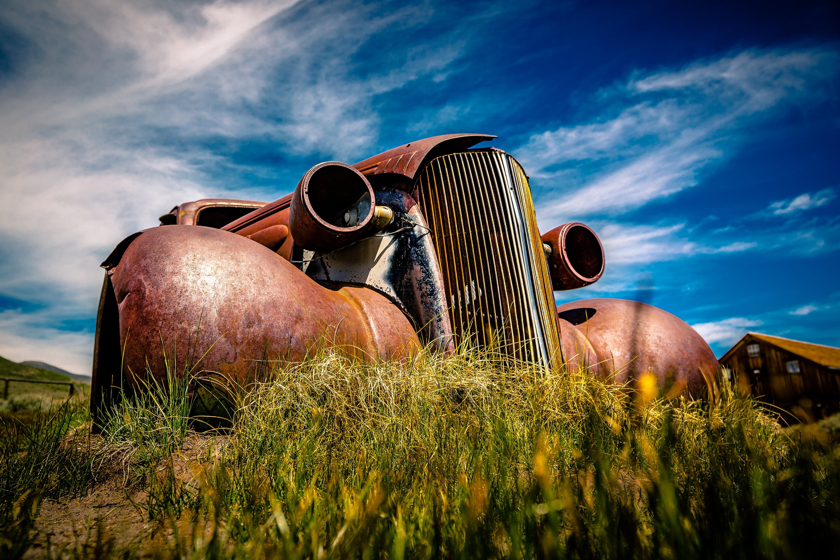 land, sky, vintage, plain, oldtimer, no people, historically, scrap, metal, usa, american car, sunlight, field, agriculture, california, grass, auto, nature, HD Wallpaper